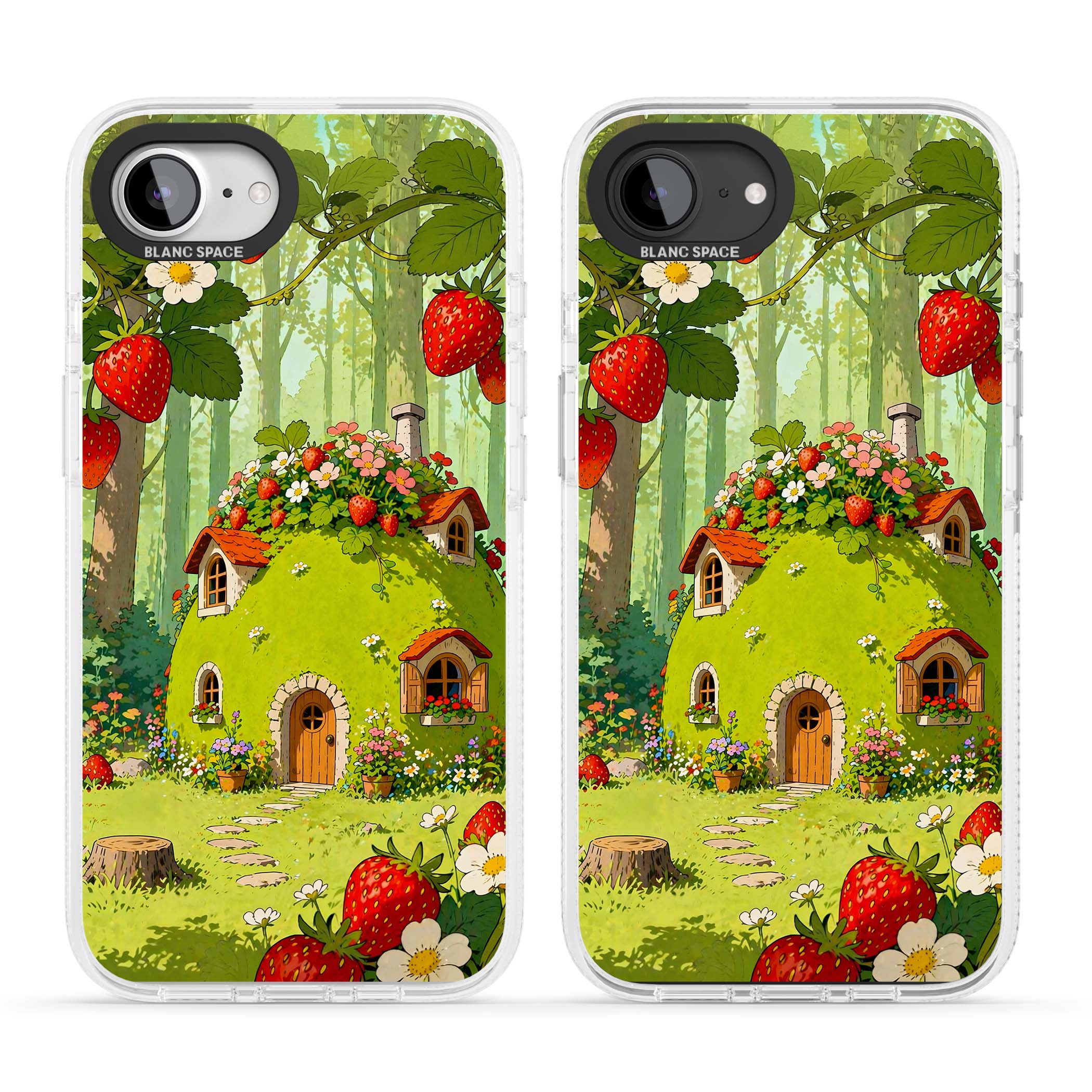 Strawberry Cottage cottagecore iPhone case featuring a green fairy house, wild strawberries and enchanted forest flowers | Clear Case Impact Air case for iPhone 16e, iPhone 17e