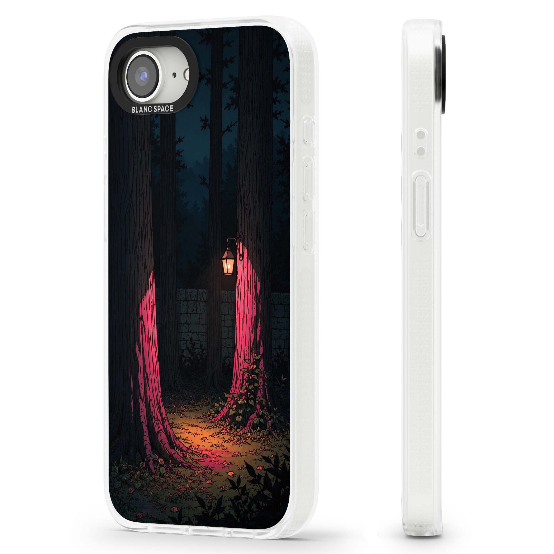 Forest Lantern dark academia iPhone case featuring a moonlit forest, glowing lantern, and stone wall pathway | Clear Case Impact Air case for iPhone 16e, iPhone 17e