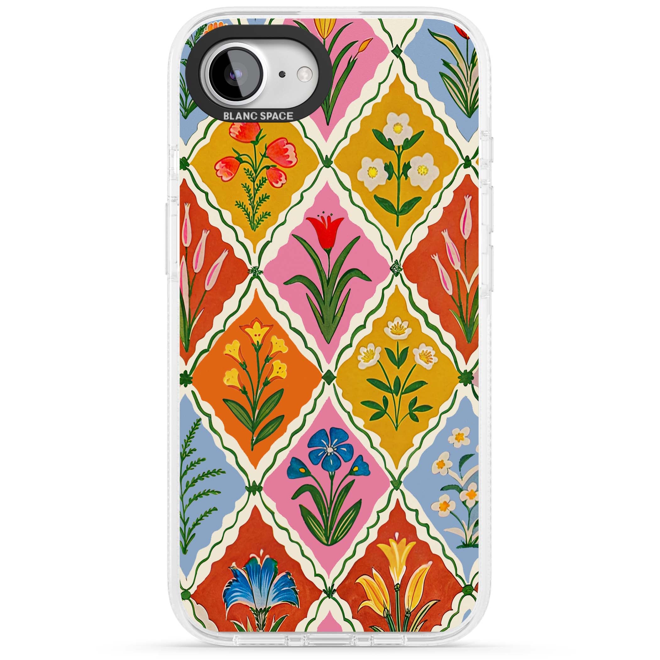 Floral Quilt boho floral iPhone case featuring diamond lattice pattern, hand-painted tulips and folk art wildflowers | Clear Case Impact Air case for iPhone 16e, iPhone 17e
