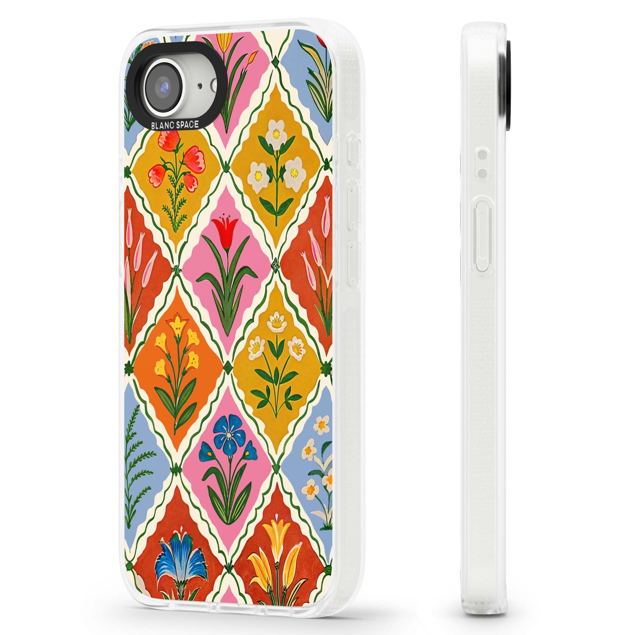 Floral Quilt boho floral iPhone case featuring diamond lattice pattern, hand-painted tulips and folk art wildflowers | Clear Case Impact Air case for iPhone 16e, iPhone 17e