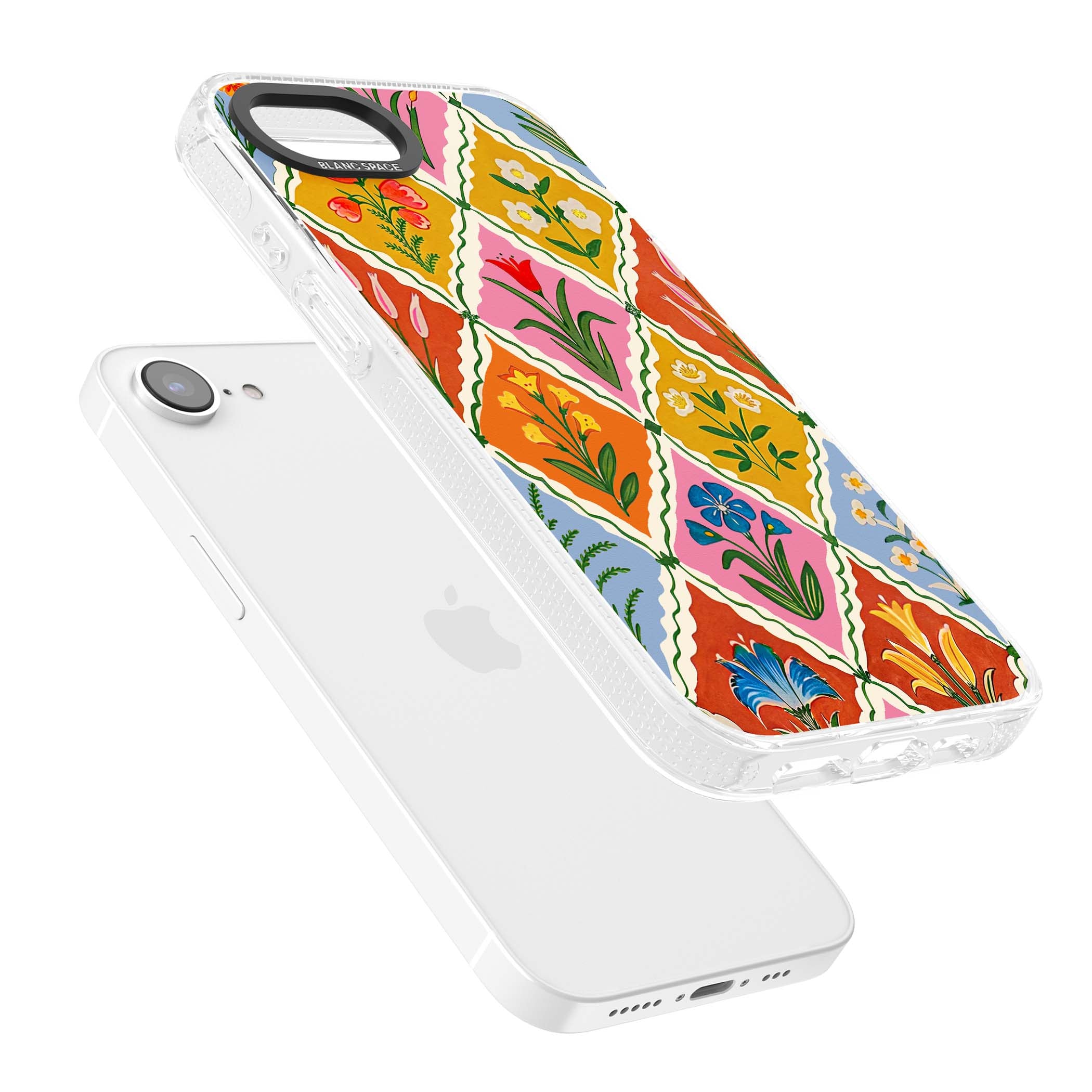 Floral Quilt boho floral iPhone case featuring diamond lattice pattern, hand-painted tulips and folk art wildflowers | Clear Case Impact Air case for iPhone 16e, iPhone 17e