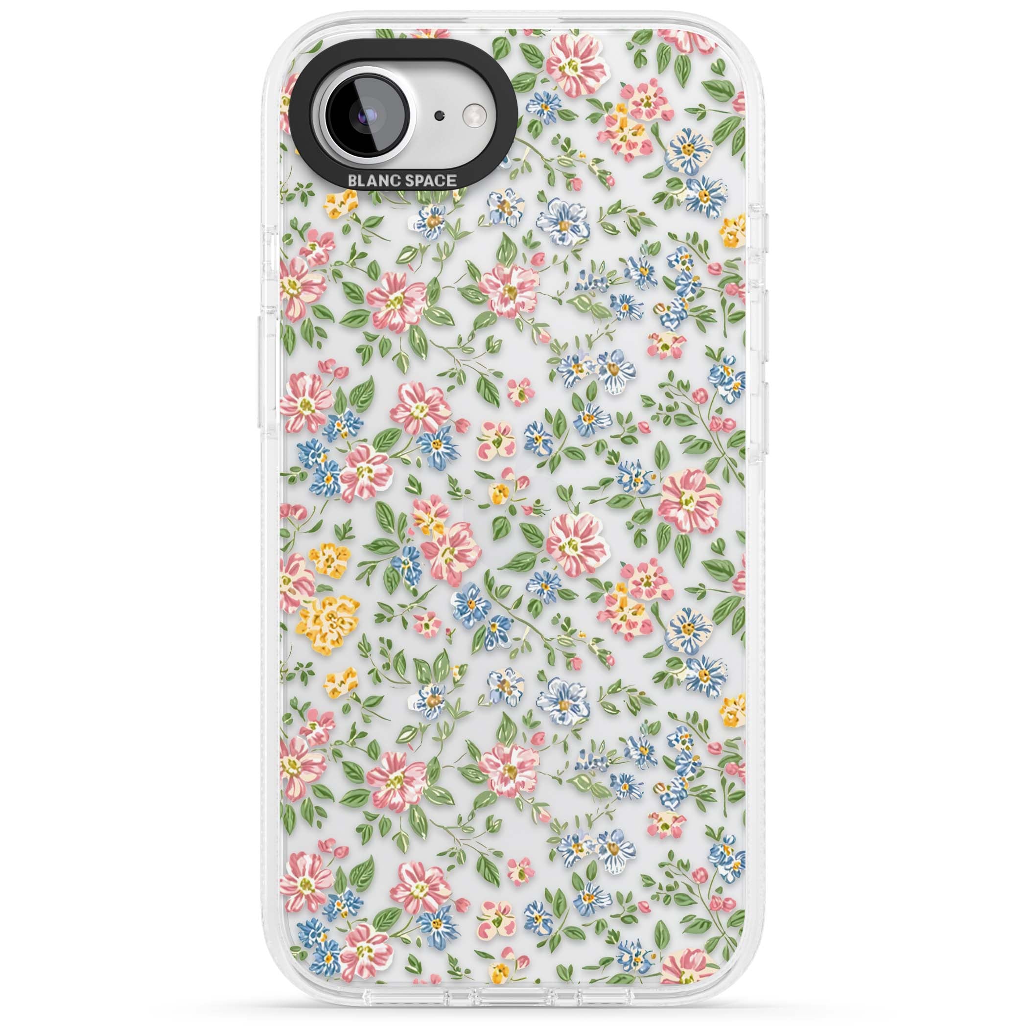 Soft Meadow cottagecore iPhone case featuring pink cosmos, blue forget-me-nots, yellow buttercups and green leaves sca | Clear Case Impact Air case for iPhone 16e, iPhone 17e