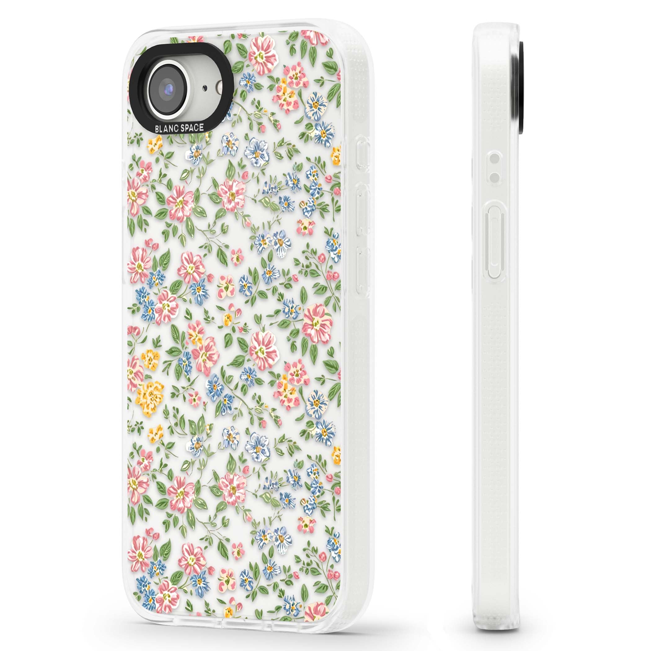 Soft Meadow cottagecore iPhone case featuring pink cosmos, blue forget-me-nots, yellow buttercups and green leaves sca | Clear Case Impact Air case for iPhone 16e, iPhone 17e