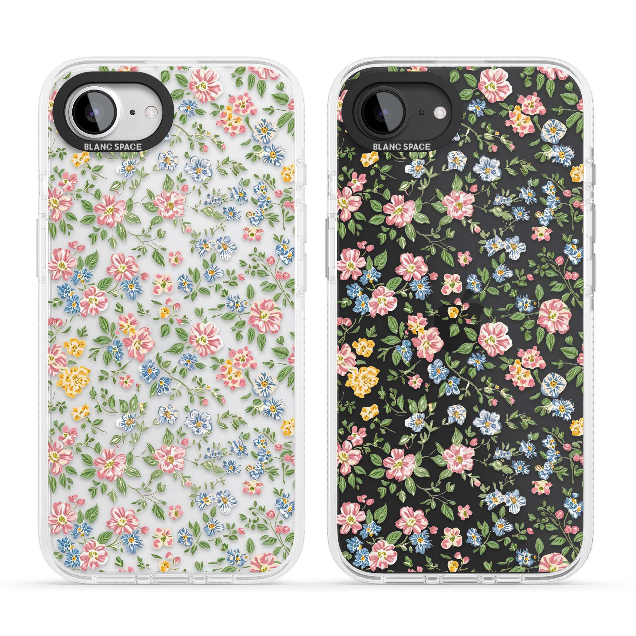 Soft Meadow cottagecore iPhone case featuring pink cosmos, blue forget-me-nots, yellow buttercups and green leaves sca | Clear Case Impact Air case for iPhone 16e, iPhone 17e