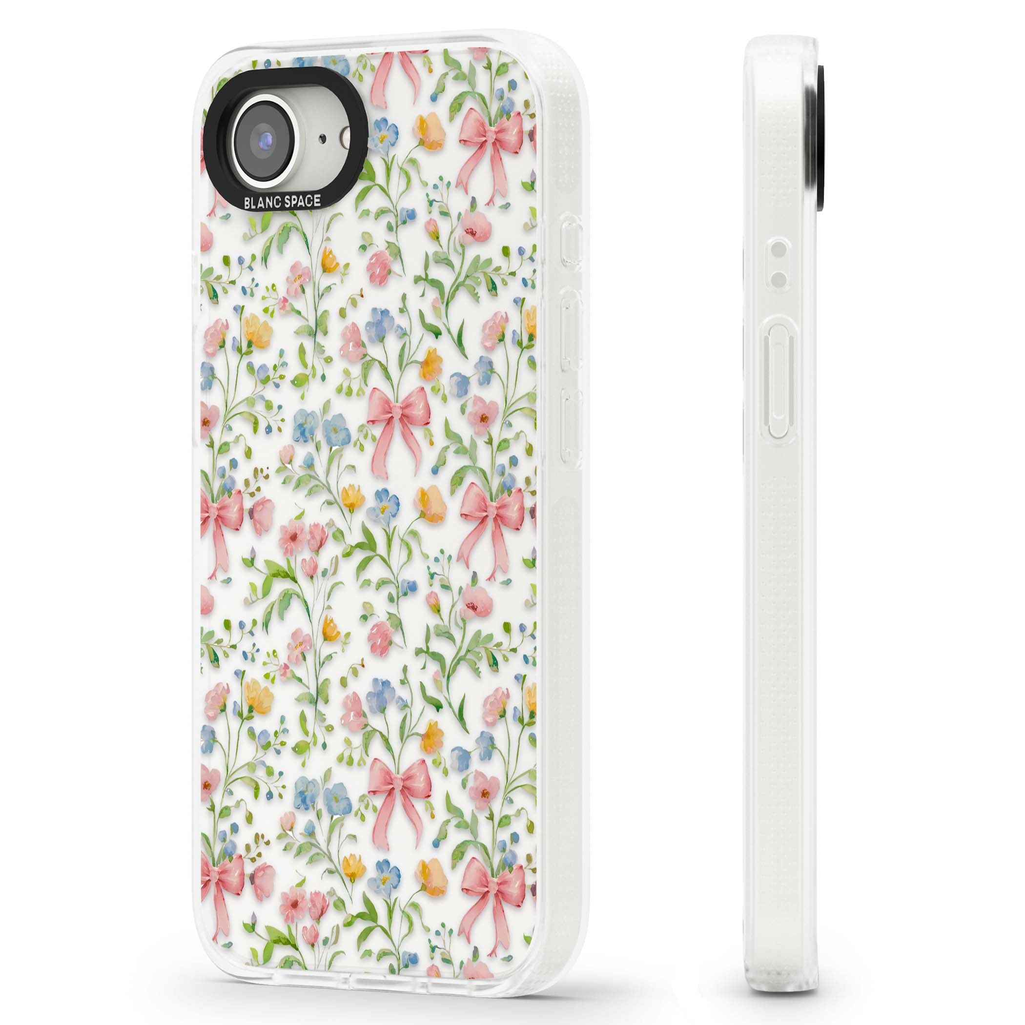 Ribbons & Wildflowers cottagecore iPhone case featuring watercolor wildflowers, pink satin bows, and delicate spring blooms o | Clear Case Impact Air case for iPhone 16e, iPhone 17e