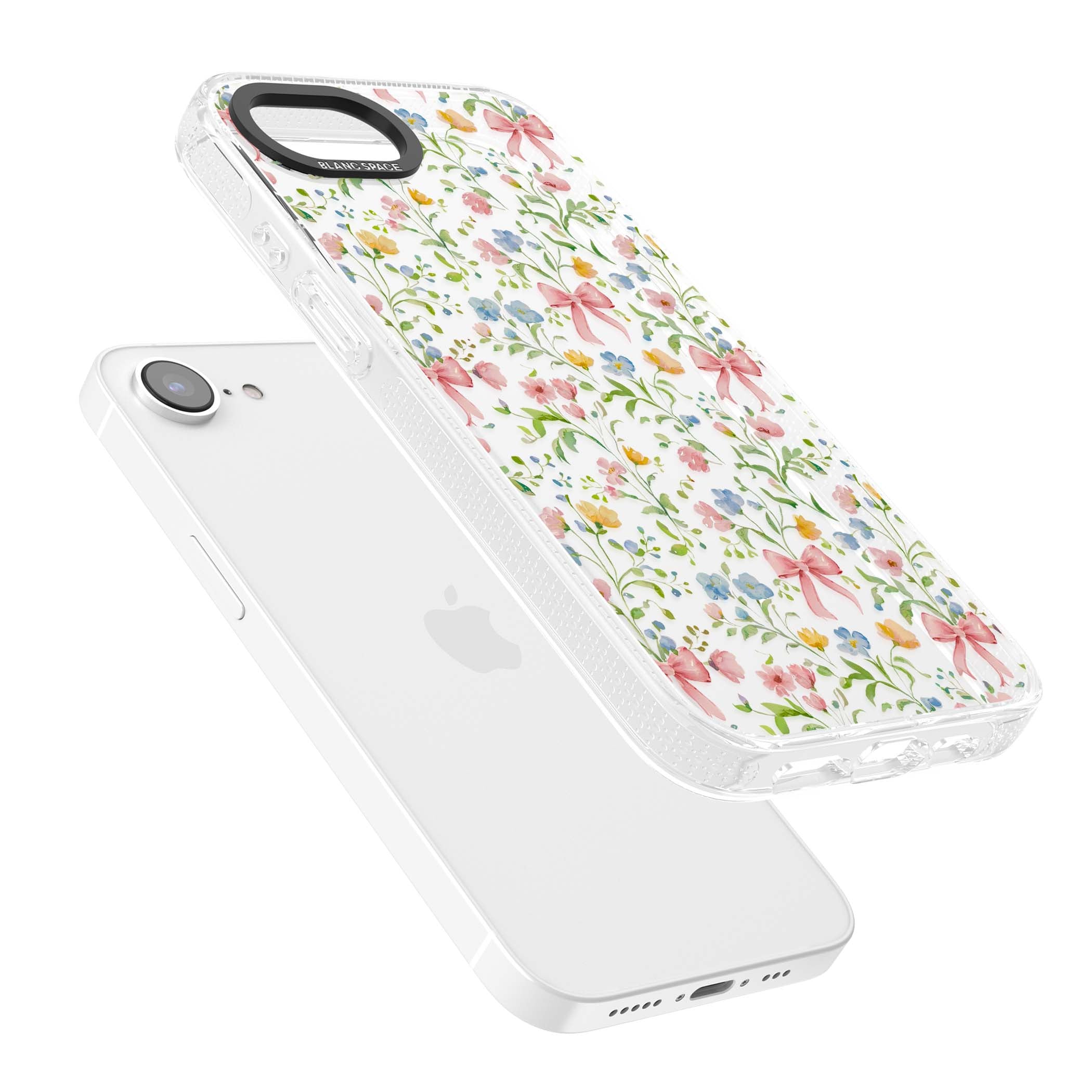 Ribbons & Wildflowers cottagecore iPhone case featuring watercolor wildflowers, pink satin bows, and delicate spring blooms o | Clear Case Impact Air case for iPhone 16e, iPhone 17e
