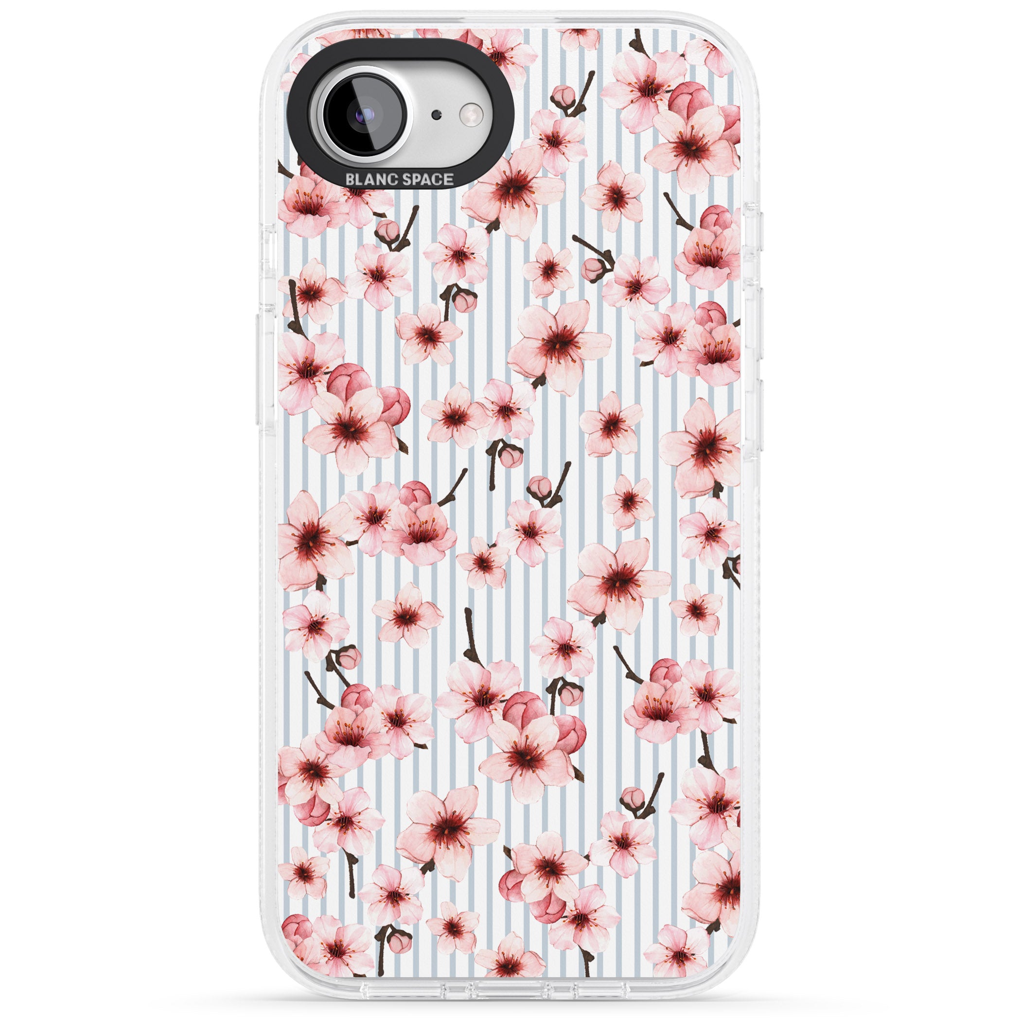 Cherry Blossoms on Blue Stripes Pattern iPhone 16e Clear Case Impact Air - Blanc Space
