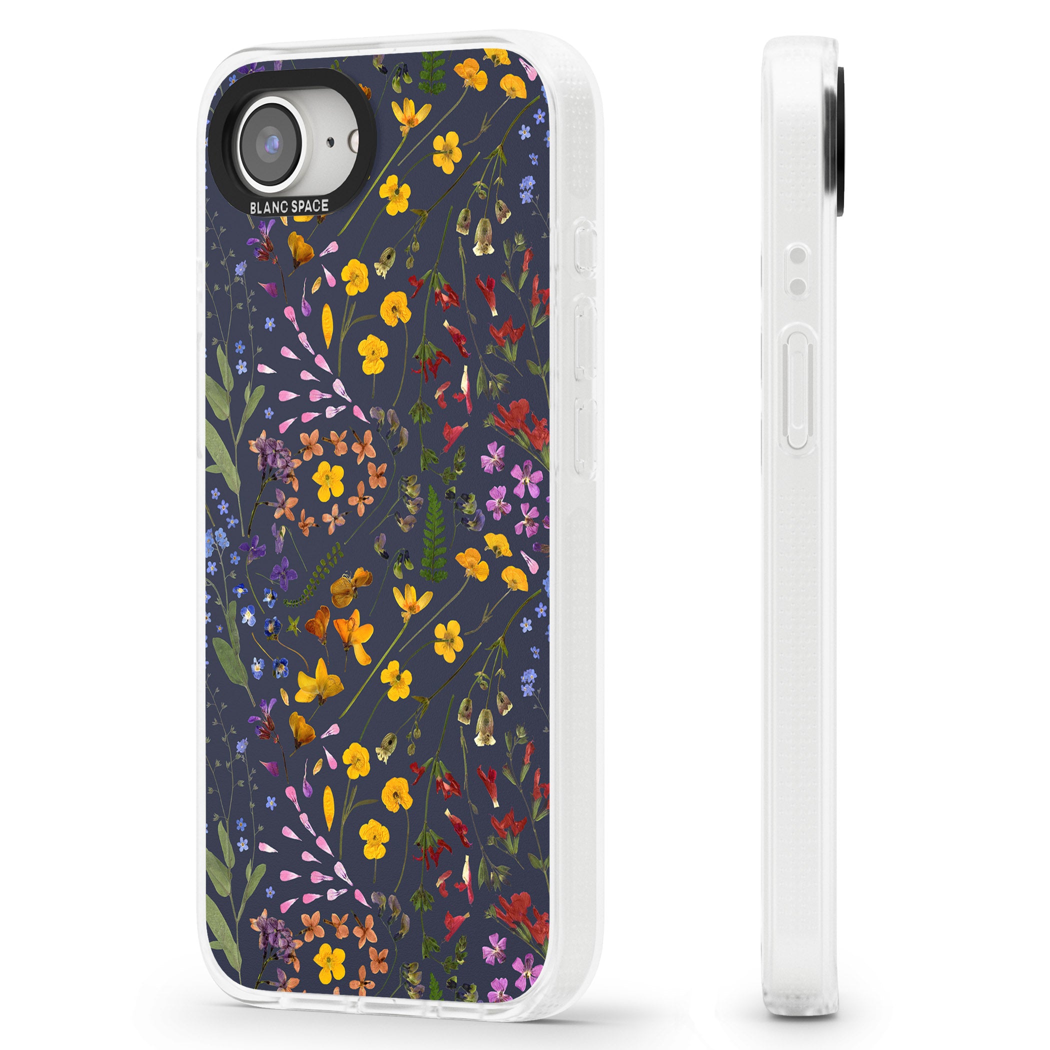 Wildflower & Leaves Cluster Design - Navy iPhone 16e Clear Case Impact Air - Blanc Space