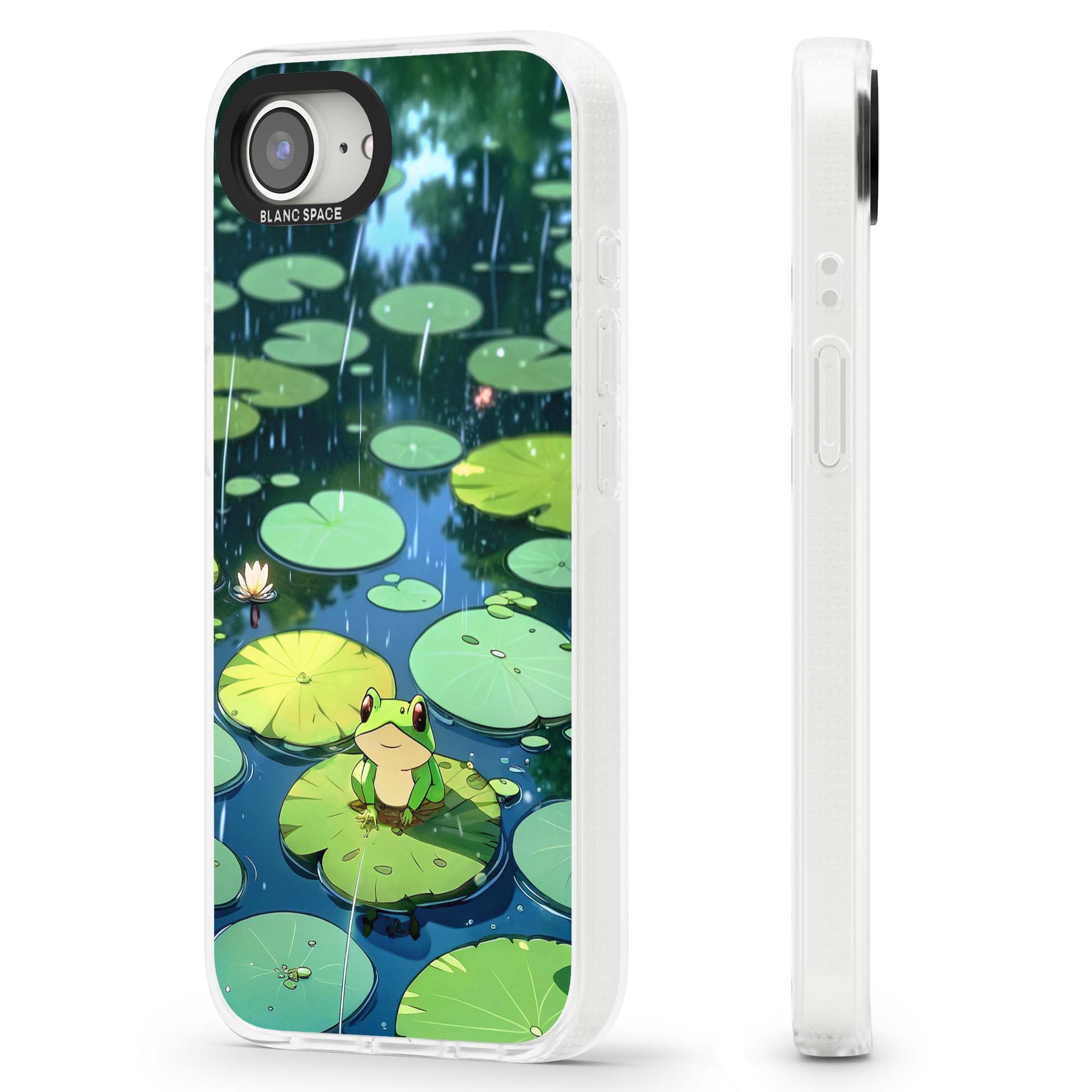 Frog In Lily Pond cottagecore iPhone case featuring a cute green frog on a lily pad with falling rain and a lotus flower | Clear Case Impact Air case for iPhone 16e, iPhone 17e