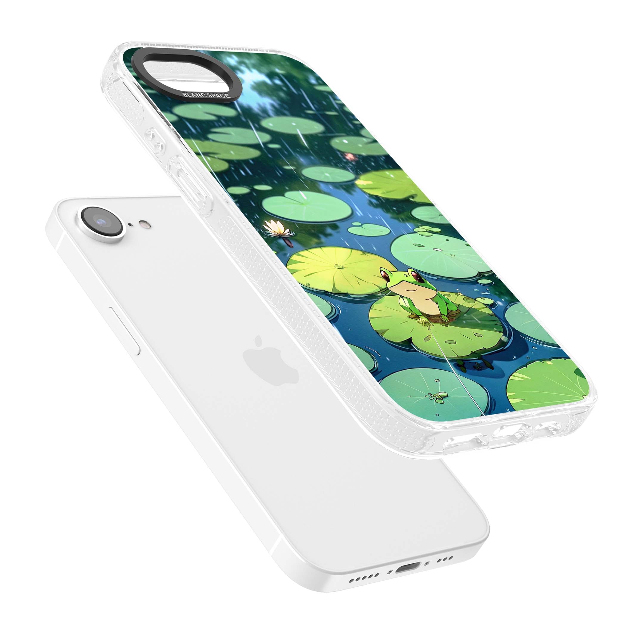 Frog In Lily Pond cottagecore iPhone case featuring a cute green frog on a lily pad with falling rain and a lotus flower | Clear Case Impact Air case for iPhone 16e, iPhone 17e