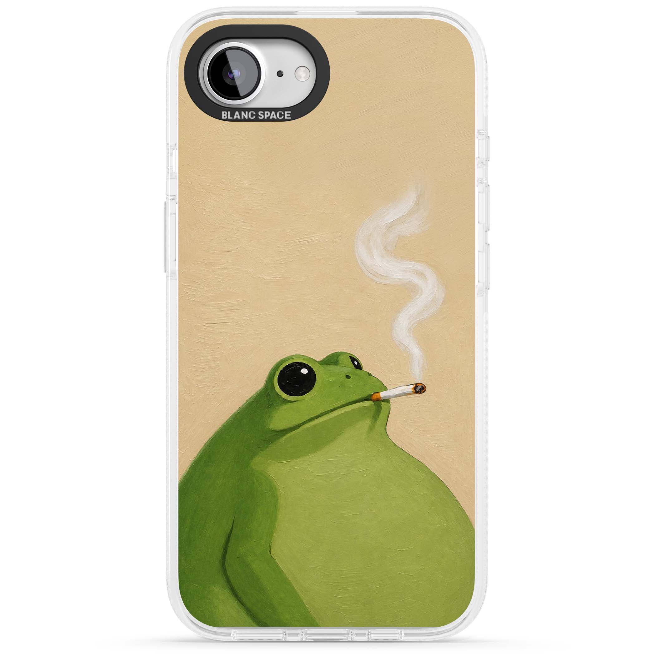 The Smoking Frog cottagecore iPhone case featuring a hand-painted green frog smoking a cigarette on a cream oil painting back | Clear Case Impact Air case for iPhone 16e, iPhone 17e