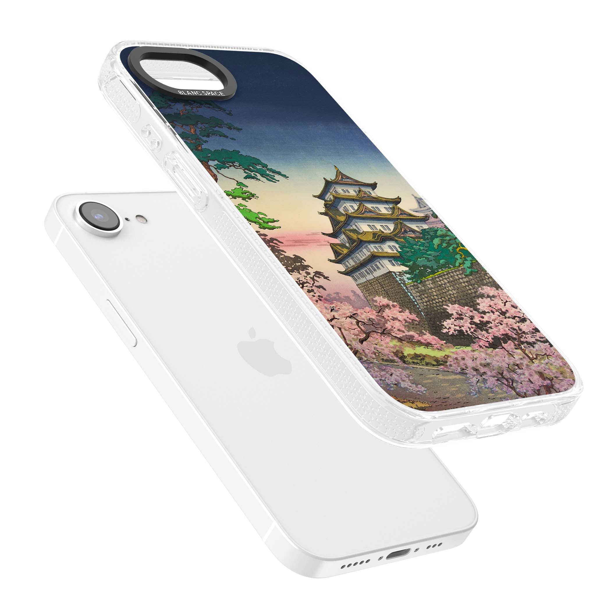 Nagoya Castle Japanese iPhone case featuring a vintage pagoda, twilight sky and cherry blossom trees | Clear Case Impact Air case for iPhone 16e, iPhone 17e