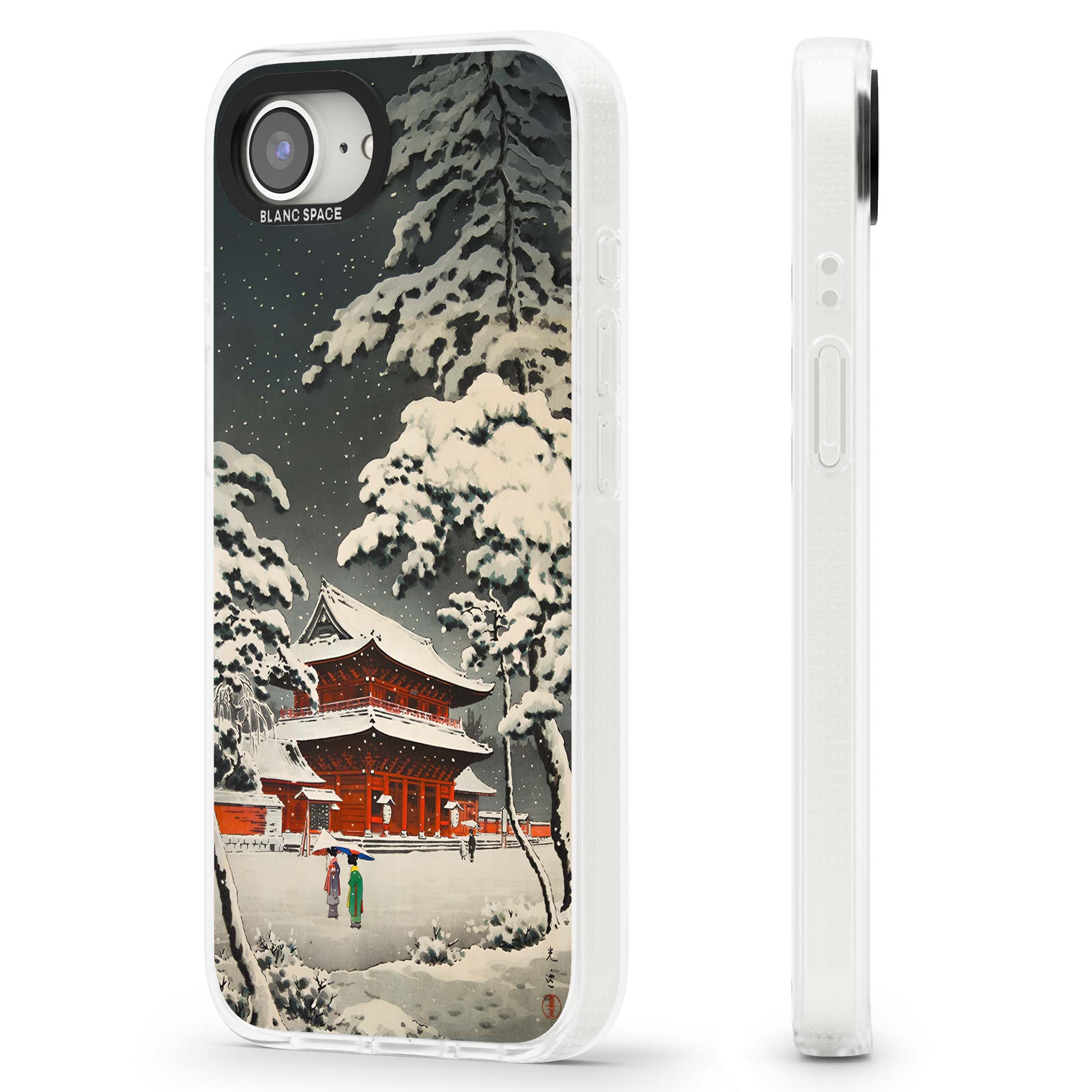 Snow at Shiha Park, Tokyo Japanese art iPhone case featuring a vintage ukiyo-e snowy temple, red pagoda, and snow-covered pin | Clear Case Impact Air case for iPhone 16e, iPhone 17e