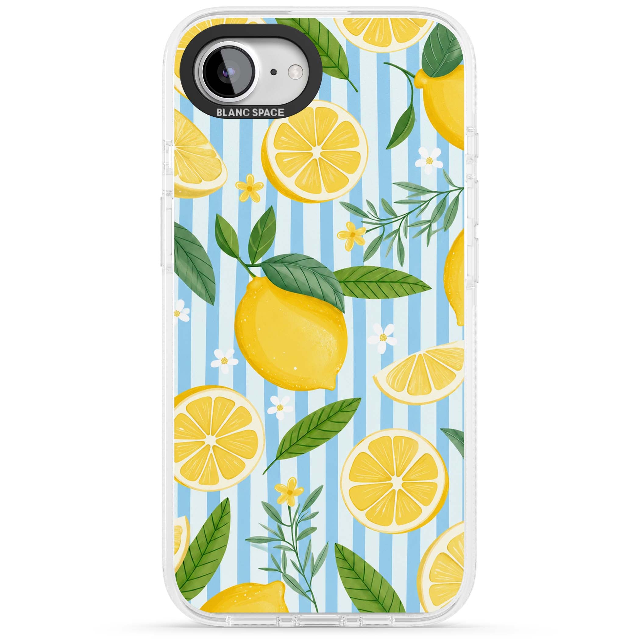 Capri Citrus Stripe coastal iPhone case featuring yellow lemons, blue stripes, and white daisy blossoms | Clear Case Impact Air case for iPhone 16e, iPhone 17e