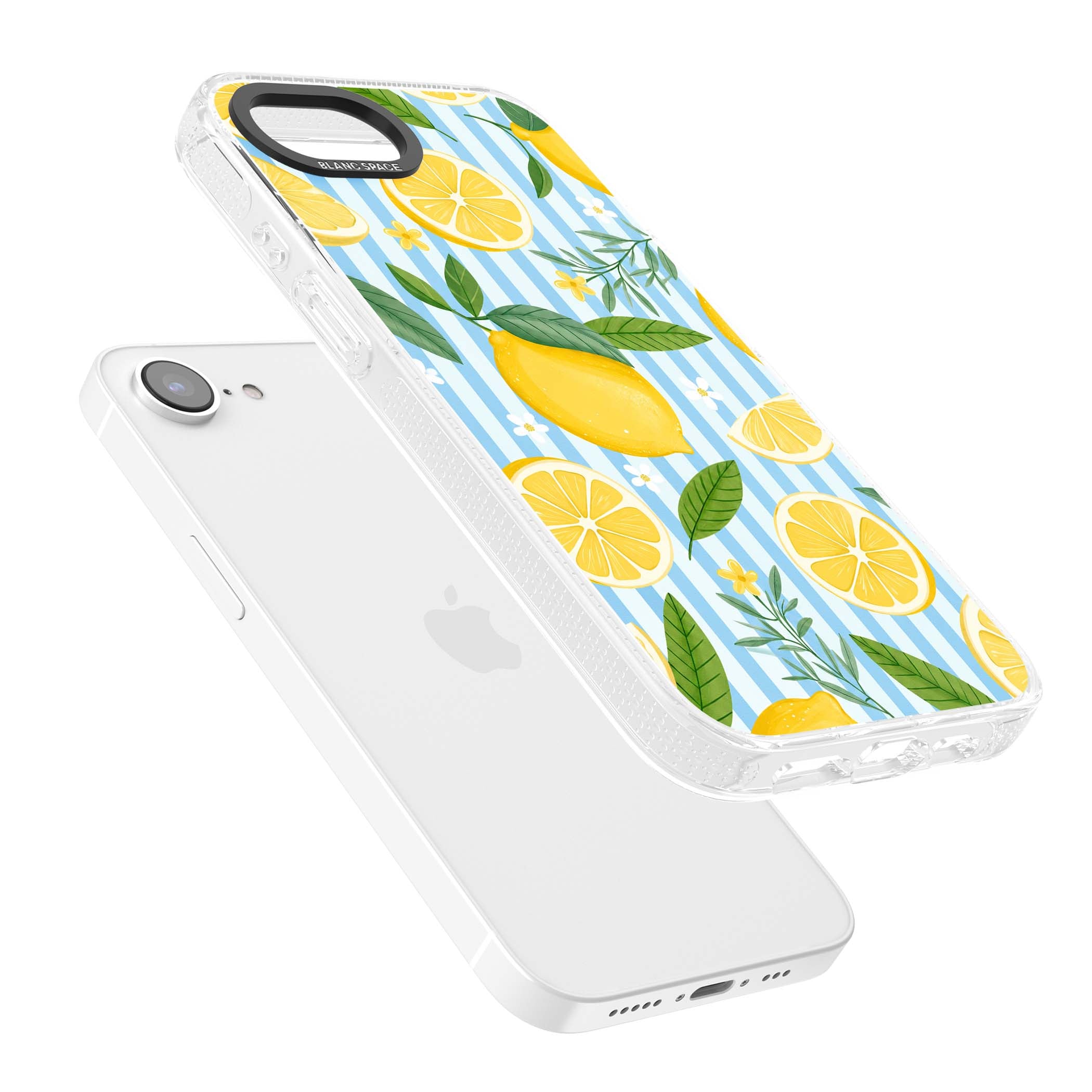 Capri Citrus Stripe coastal iPhone case featuring yellow lemons, blue stripes, and white daisy blossoms | Clear Case Impact Air case for iPhone 16e, iPhone 17e