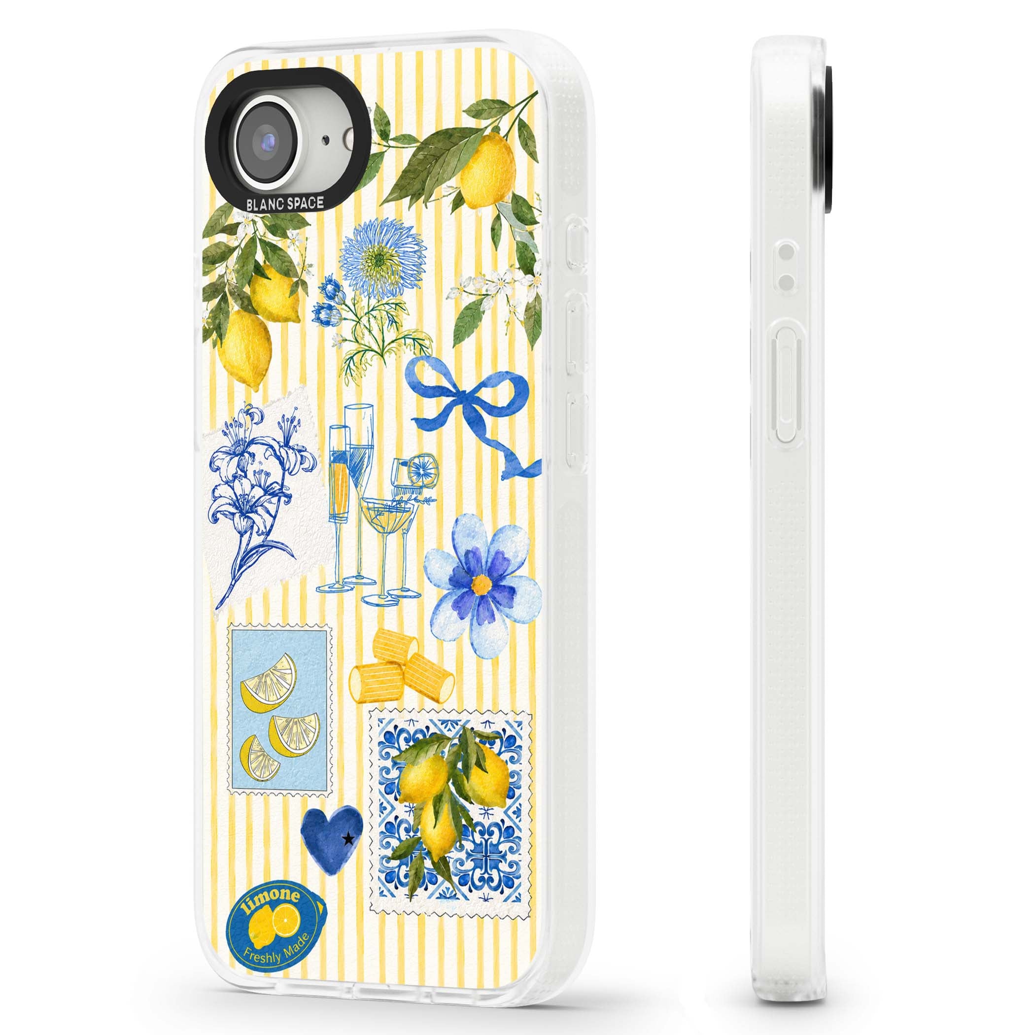 Limone Riviera Italian summer iPhone case featuring watercolour lemons, blue ribbon bows and majolica tile stamps on... | Clear Case Impact Air case for iPhone 16e, iPhone 17e