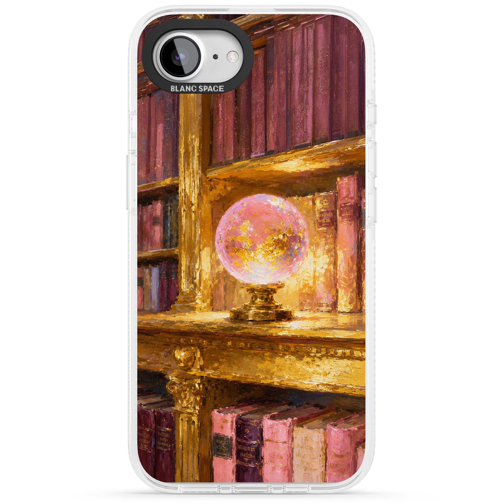 Gilded Library dark academia iPhone case featuring an oil painted crystal ball on a gilded library shelf with vintage | Clear Case Impact Air case for iPhone 16e, iPhone 17e