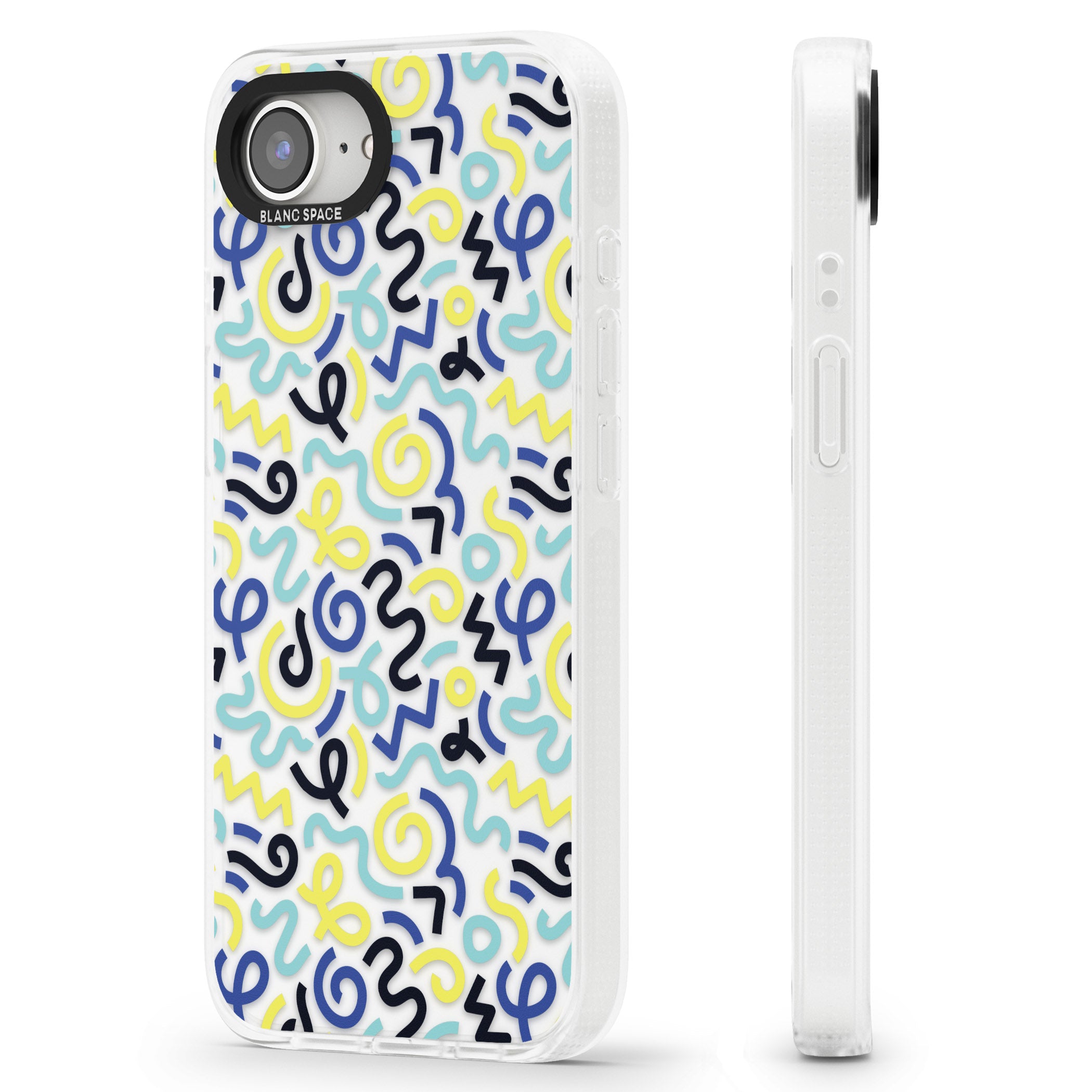 Blue & Yellow Shapes Memphis Retro Pattern Design iPhone 16e Clear Case Impact Air - Blanc Space