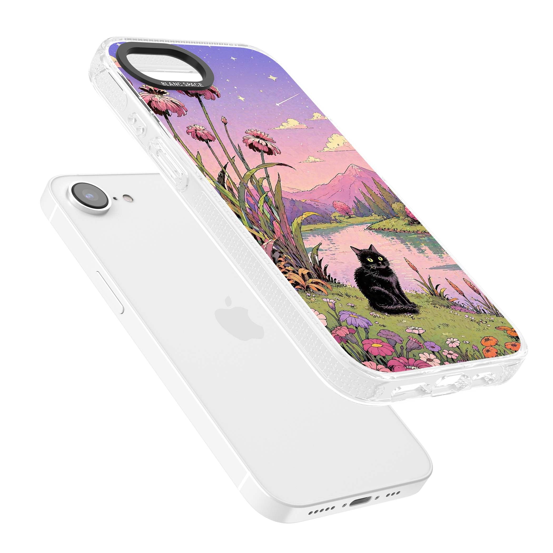 Mystic Whiskers ghibli iPhone case featuring a black cat by a pastel lake, wildflowers and a starry sunset sky | Clear Case Impact Air case for iPhone 16e, iPhone 17e
