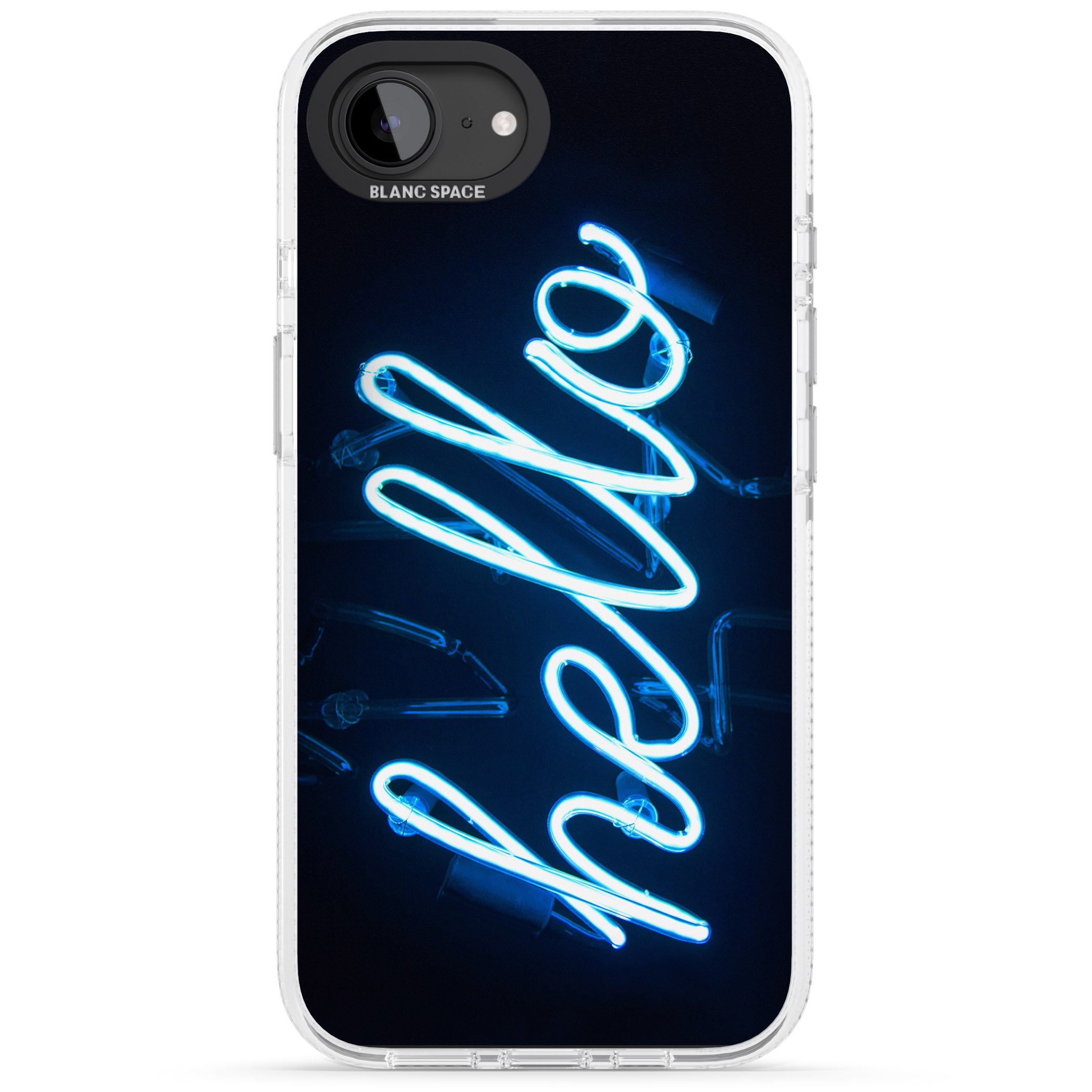 "Hello" Blue Cursive Neon Sign iPhone 16e Clear Case Impact Air - Blanc Space