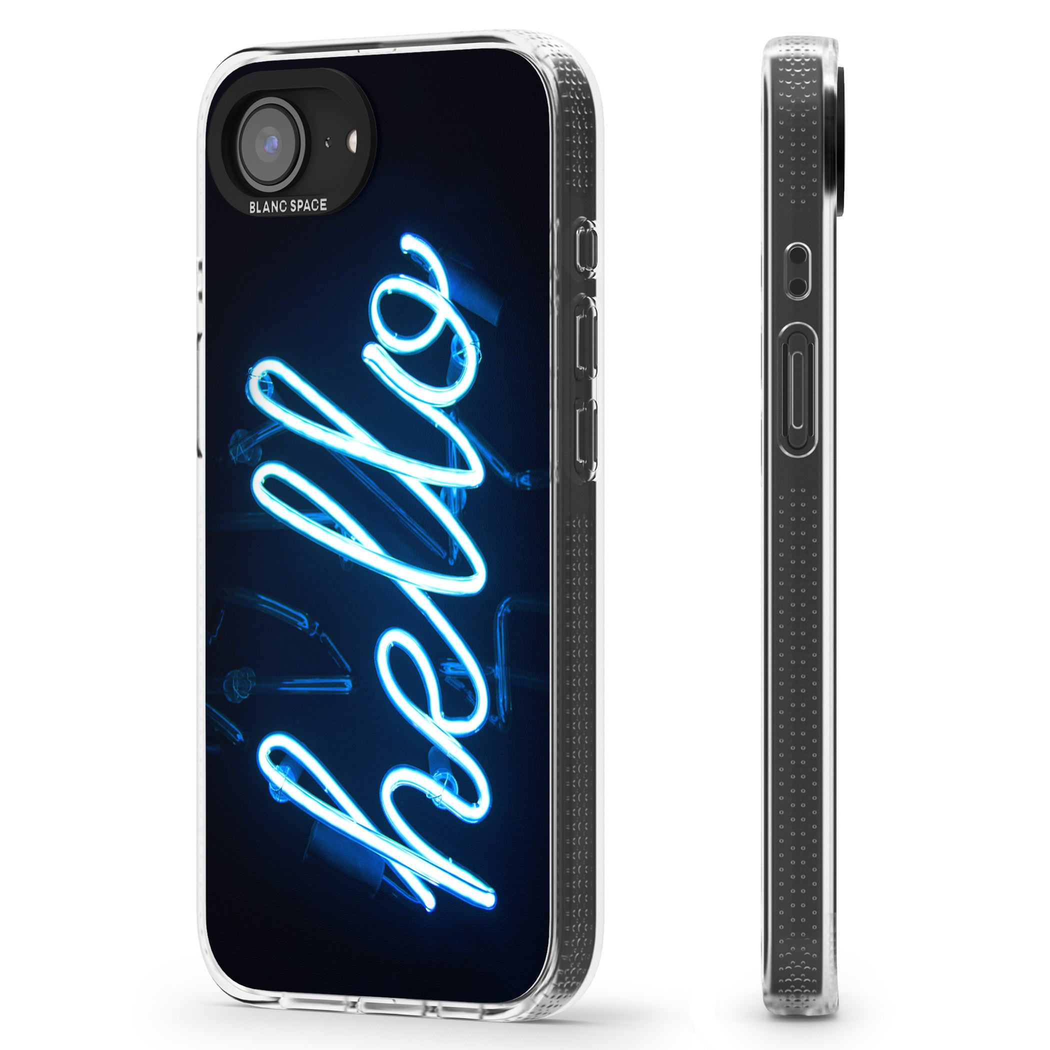 "Hello" Blue Cursive Neon Sign iPhone 16e Clear Case Impact Air - Blanc Space