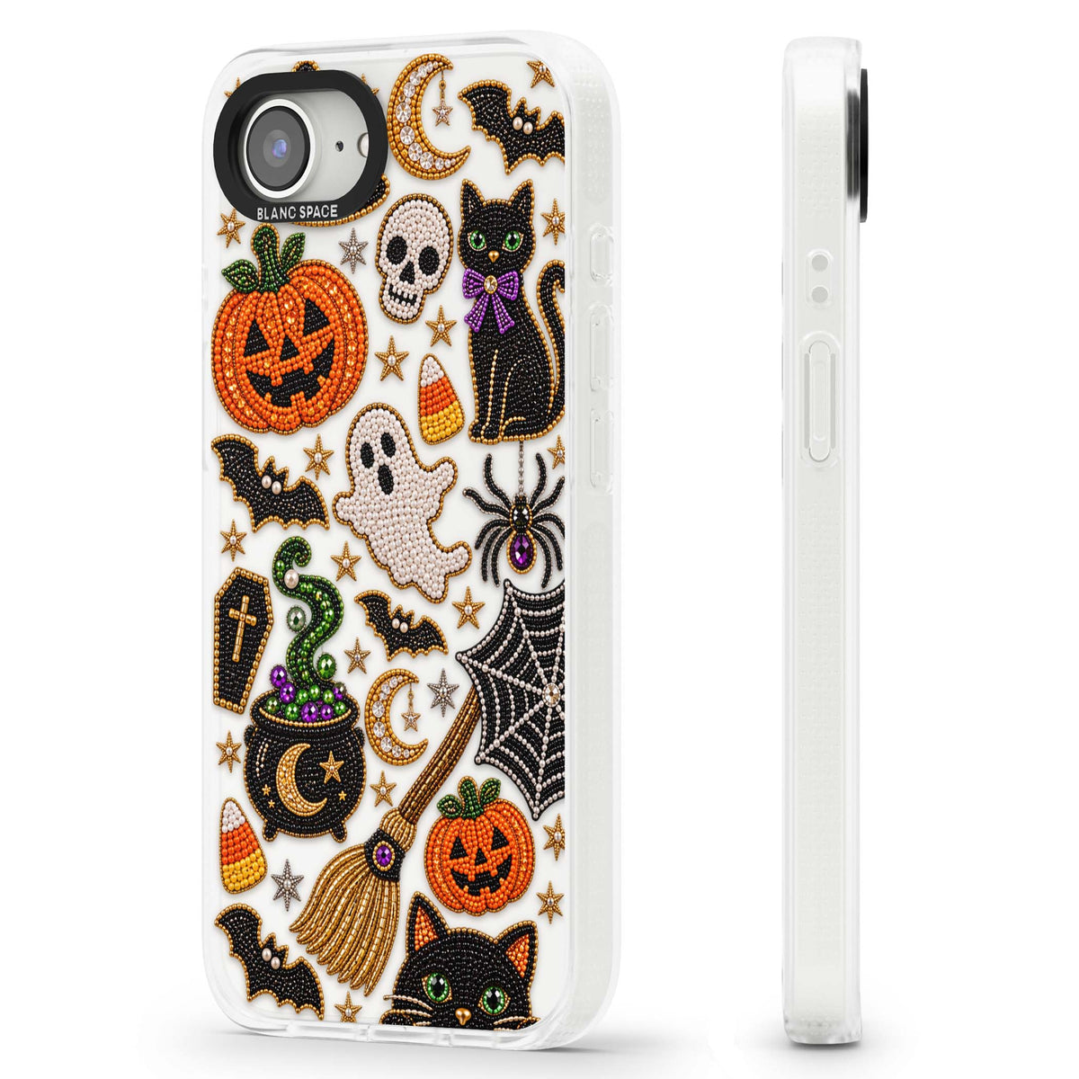 Beaded Halloween Halloween iPhone case featuring beaded pumpkins, ghosts, black cats and bats | Clear Case Impact Air case for iPhone 16e, iPhone 17e