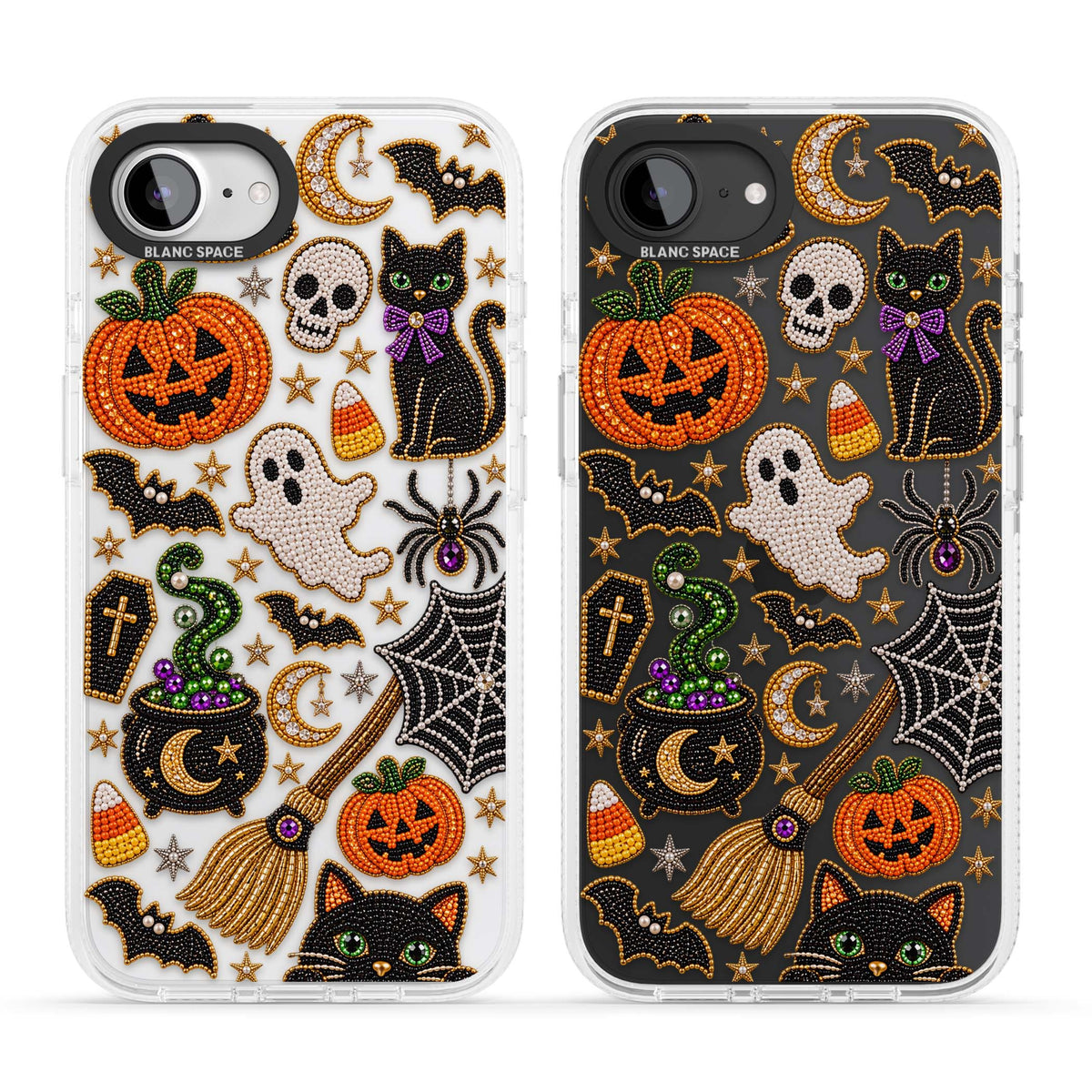 Beaded Halloween Halloween iPhone case featuring beaded pumpkins, ghosts, black cats and bats | Clear Case Impact Air case for iPhone 16e, iPhone 17e