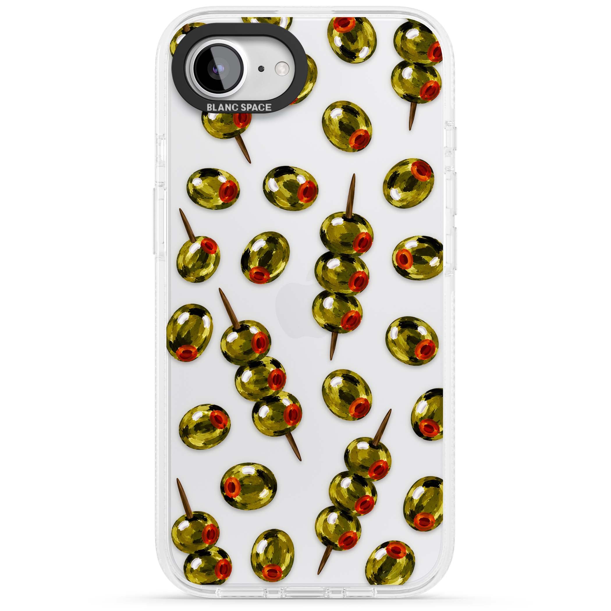 Painted Olives cocktail iPhone case featuring green olives, pimento centres and toothpick skewers on a clear background | Clear Case Impact Air case for iPhone 16e, iPhone 17e