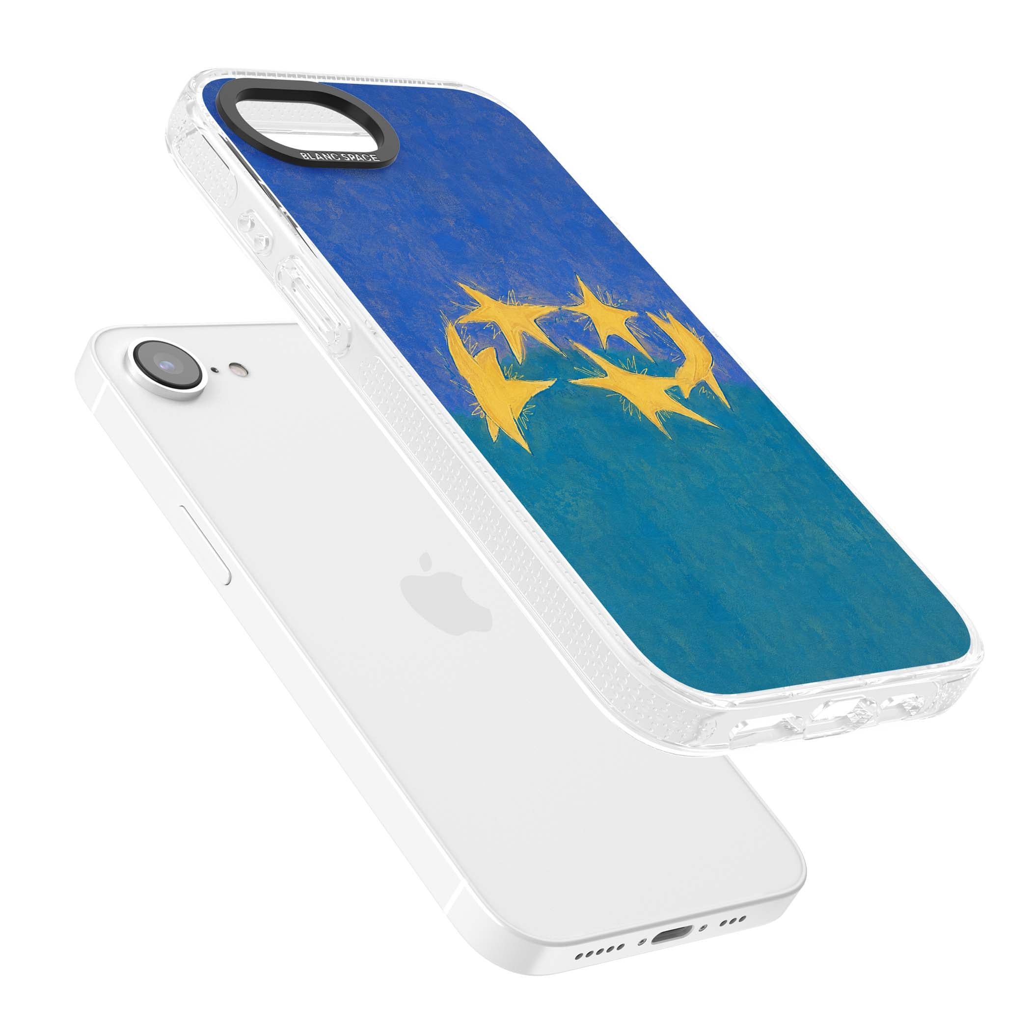 Star Boogie stars aesthetic iPhone case featuring five yellow hand-painted stars on cobalt blue and teal | Clear Case Impact Air case for iPhone 16e, iPhone 17e