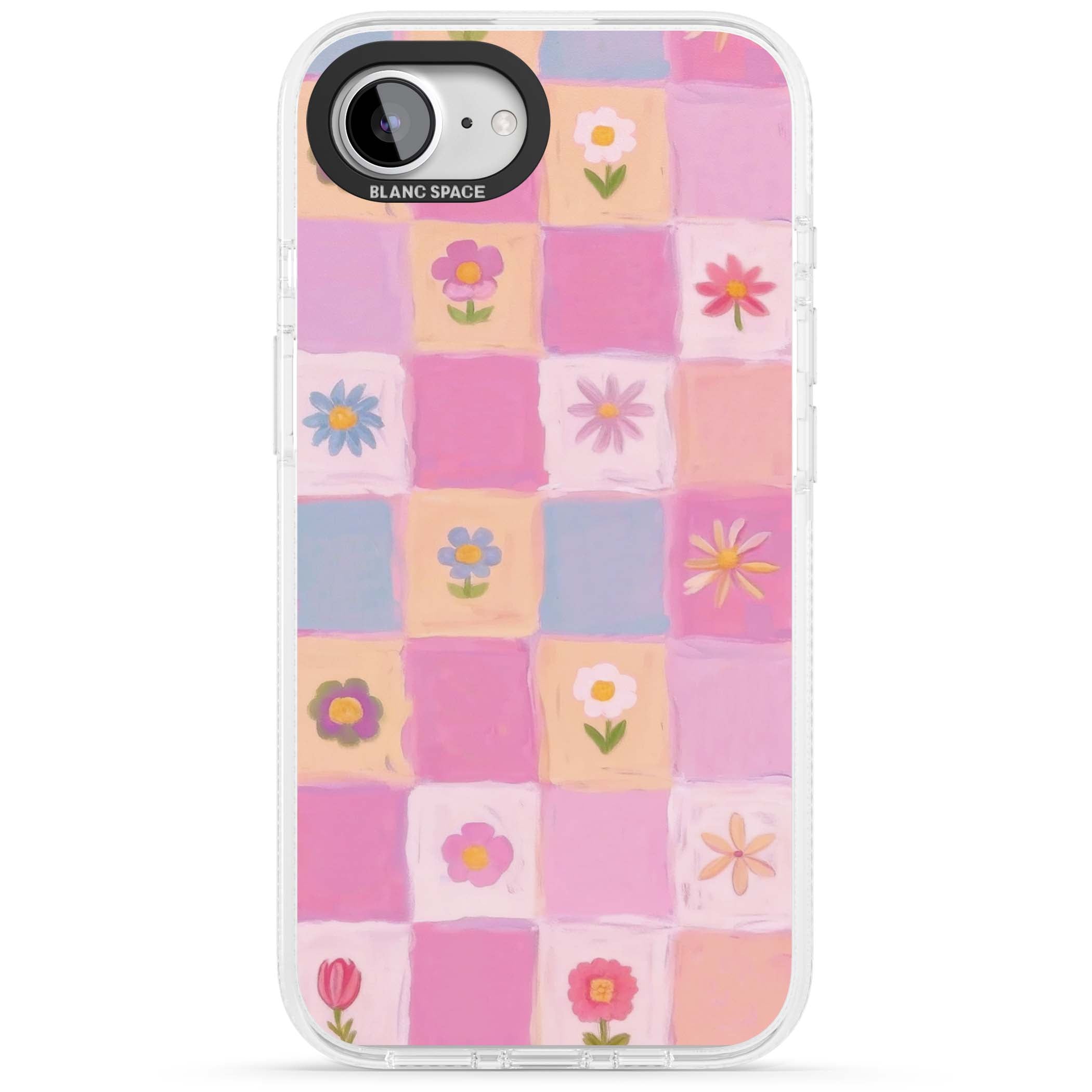 Pastel Flower Patchwork cottagecore iPhone case featuring painted pink and lilac squares with daisies and wildflowers | Clear Case Impact Air case for iPhone 16e, iPhone 17e
