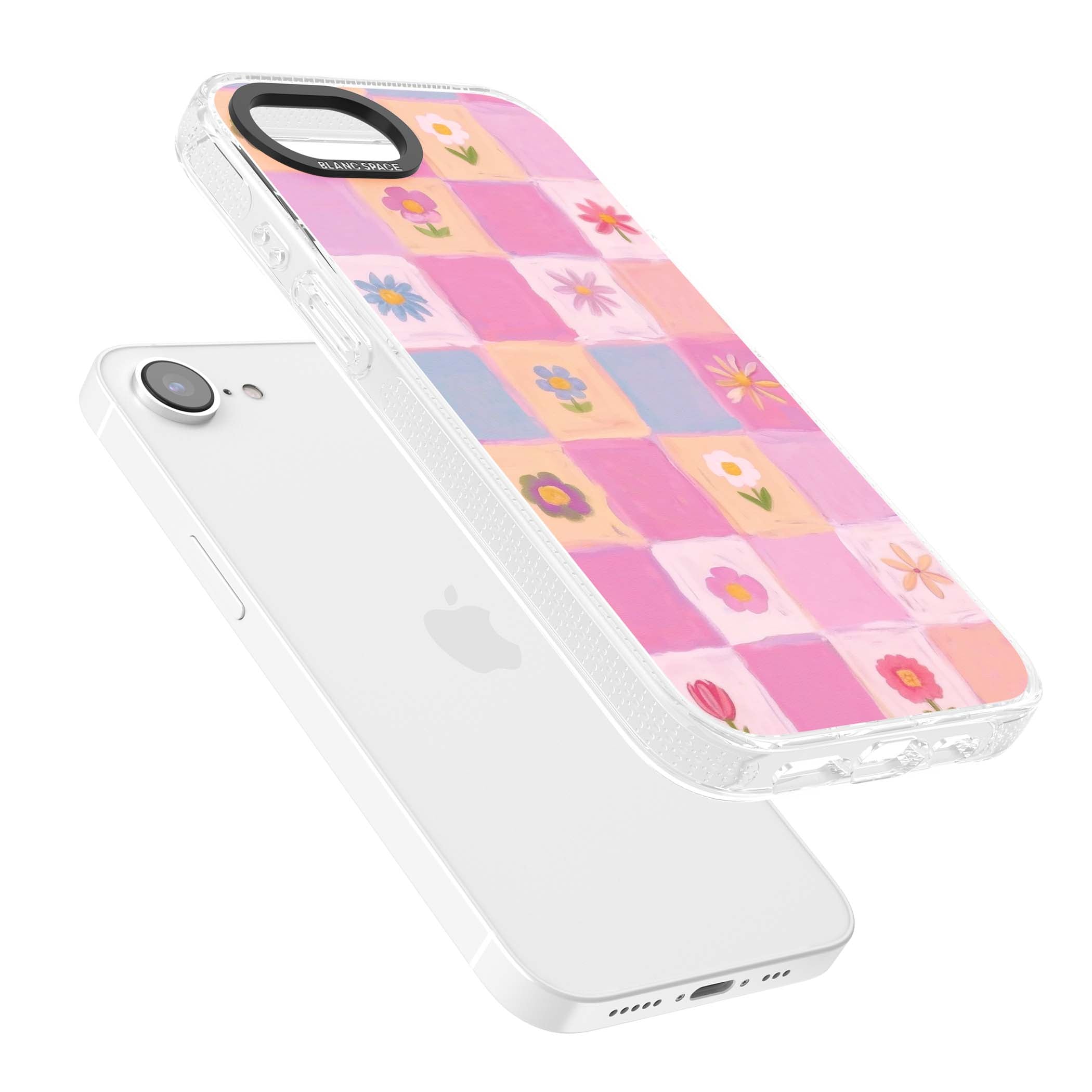Pastel Flower Patchwork cottagecore iPhone case featuring painted pink and lilac squares with daisies and wildflowers | Clear Case Impact Air case for iPhone 16e, iPhone 17e