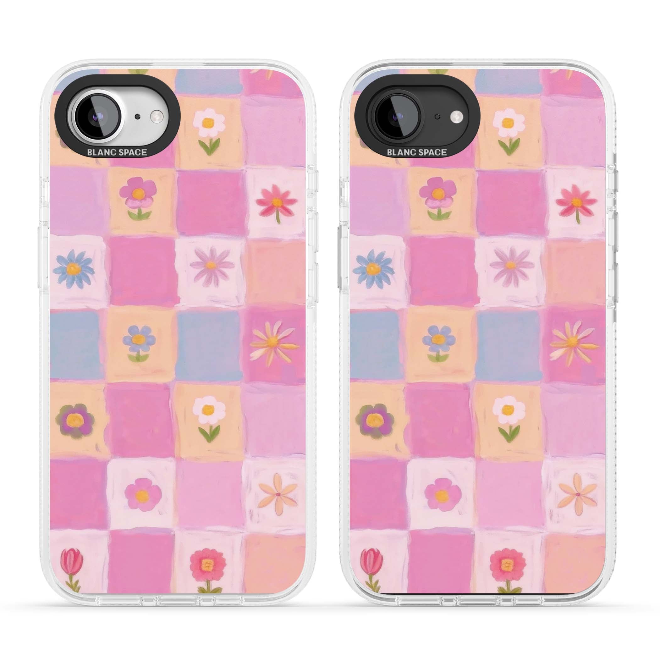 Pastel Flower Patchwork cottagecore iPhone case featuring painted pink and lilac squares with daisies and wildflowers | Clear Case Impact Air case for iPhone 16e, iPhone 17e