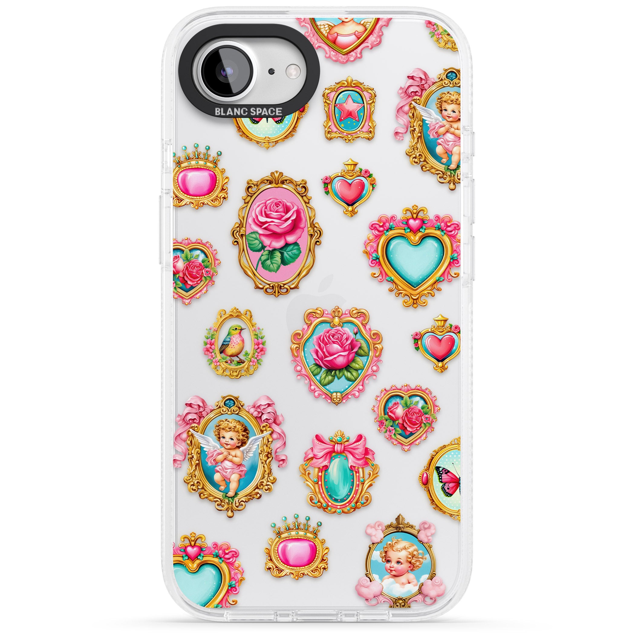 Angelcore Hearts & Frames iPhone 16e Clear Case Impact Air - Blanc Space