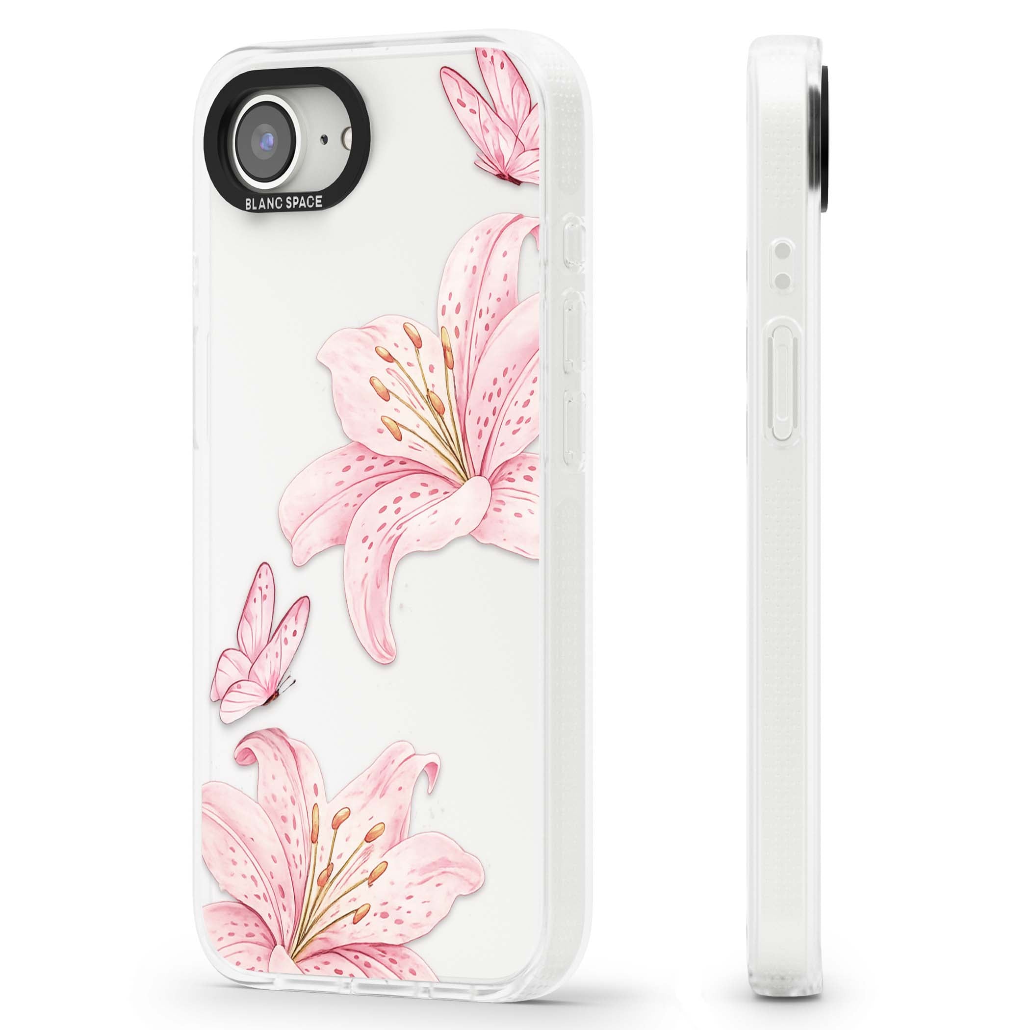 Lily Whisper floral iPhone case featuring pink watercolour lilies and delicate butterflies on a clear background | Clear Case Impact Air case for iPhone 16e, iPhone 17e