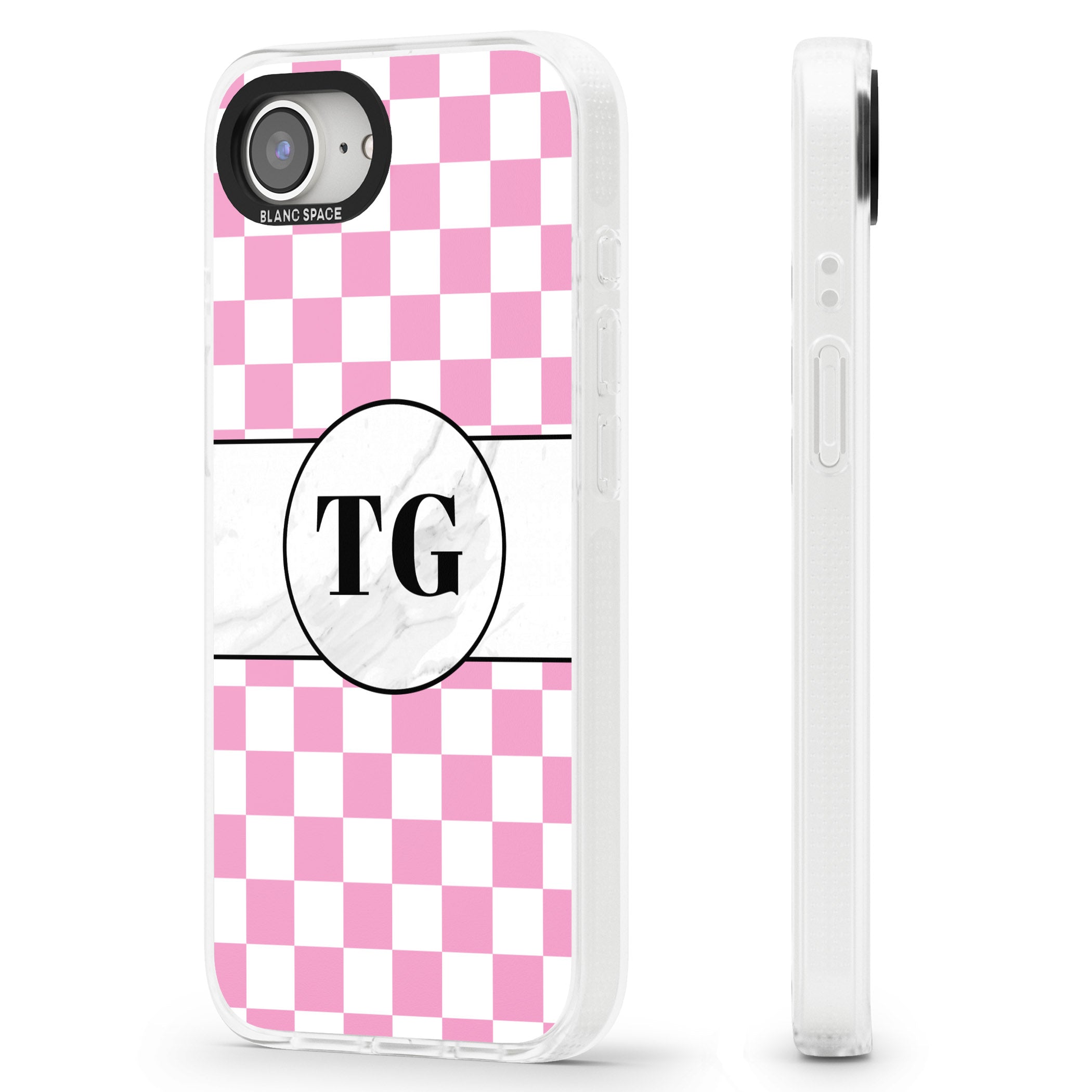 Personalised Monogrammed Pink Check iPhone 16e Clear Case Impact Air - Blanc Space