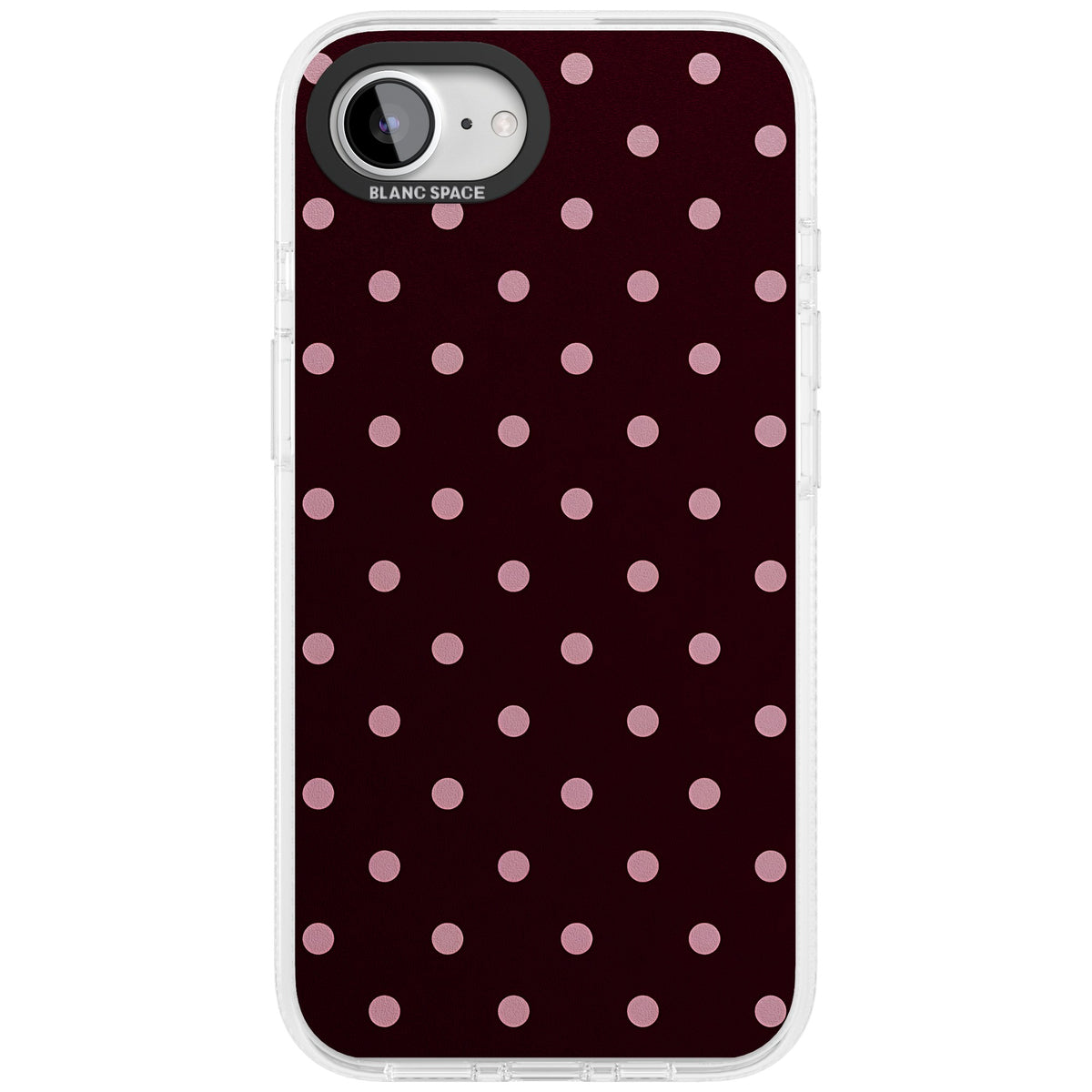 Merlot Dots polka dot iPhone case featuring dusty pink spots on a deep burgundy background in a retro grid iPhone 16e / iPhone 16E / iPhone 17e Impact Air Phone Case front