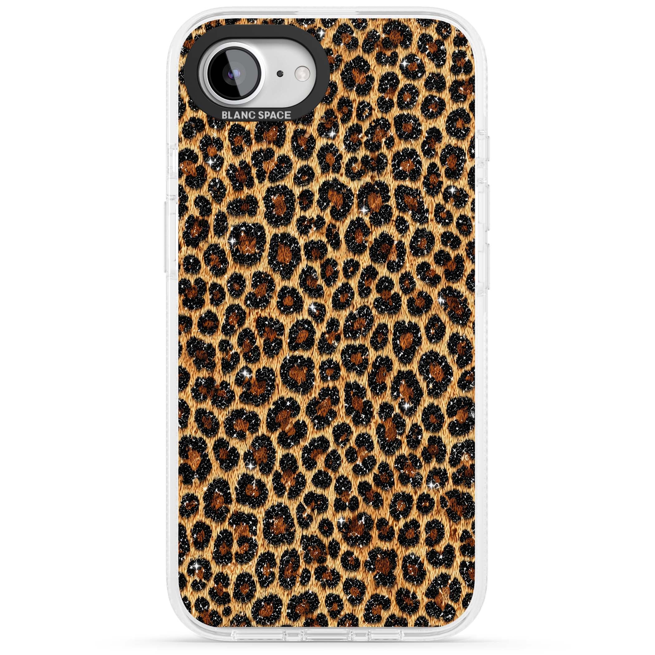 Diamond Leopard leopard print iPhone case featuring golden tan fur, black rosette spots and subtle glitter sparkle | Clear Case Impact Air case for iPhone 16e, iPhone 17e