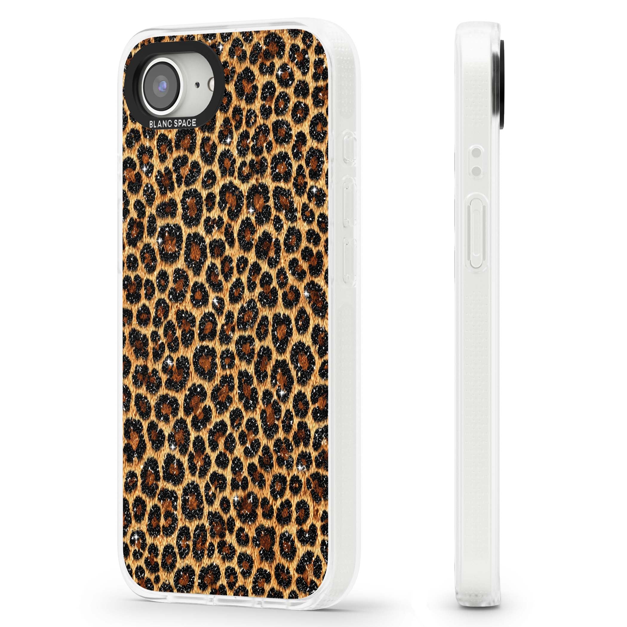 Diamond Leopard leopard print iPhone case featuring golden tan fur, black rosette spots and subtle glitter sparkle | Clear Case Impact Air case for iPhone 16e, iPhone 17e