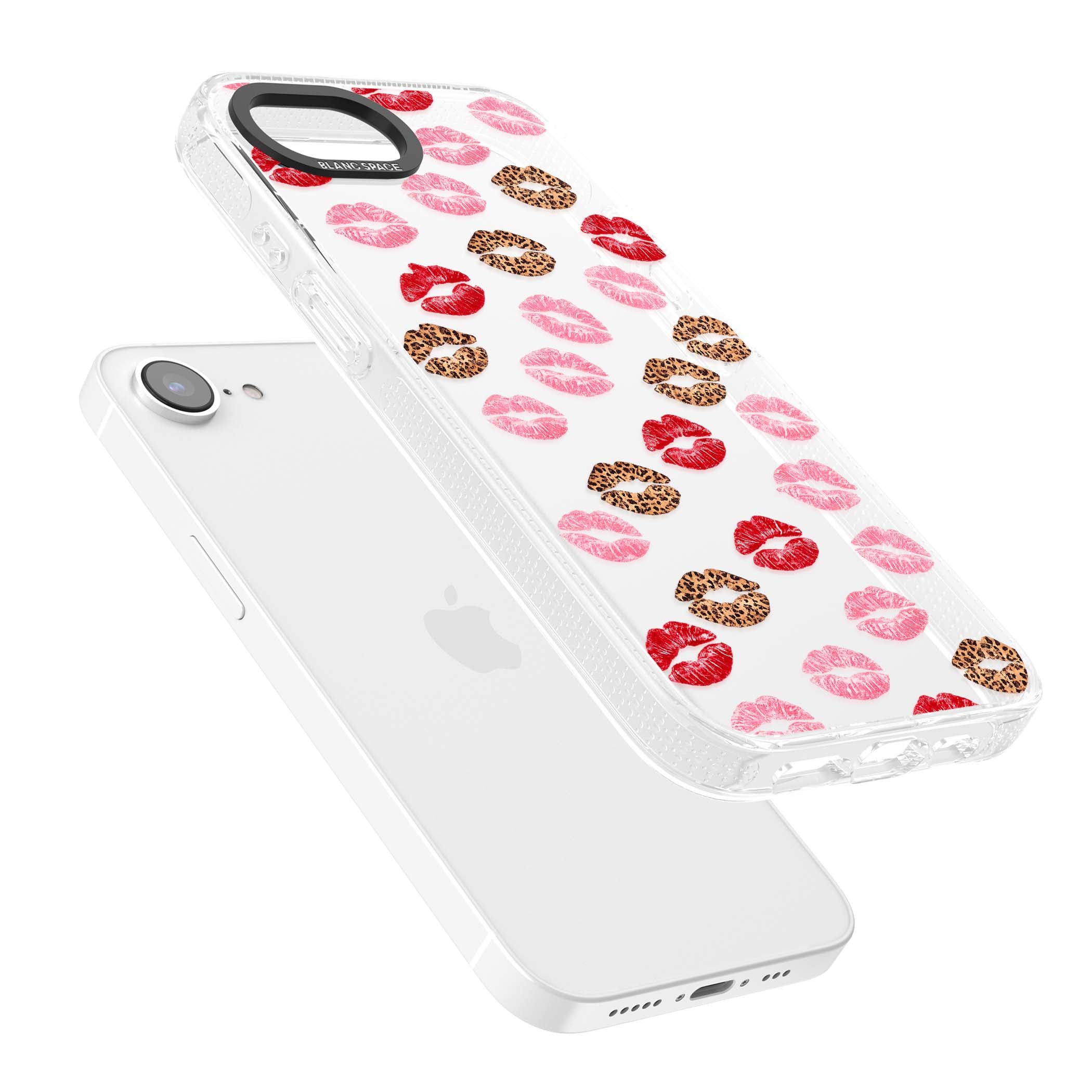 Wild Kisses coquette iPhone case featuring red, pink and leopard print lipstick kiss marks on a clear background | Clear Case Impact Air case for iPhone 16e, iPhone 17e
