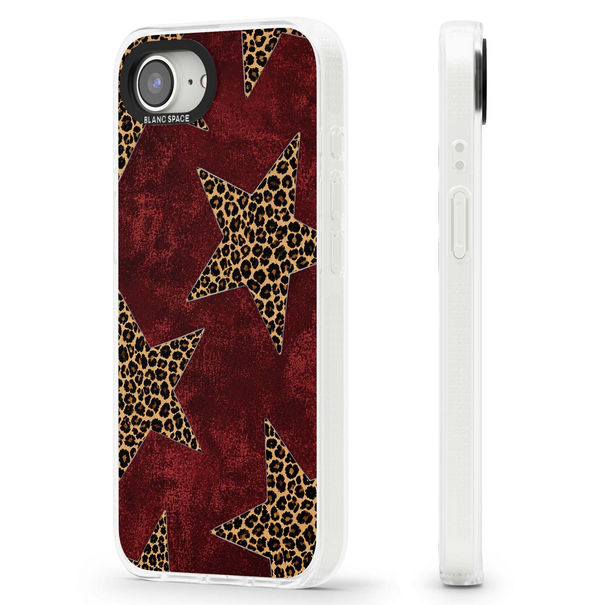 Showgirl leopard print iPhone case featuring cheetah print stars on distressed red grunge background | Clear Case Impact Air case for iPhone 16e, iPhone 17e