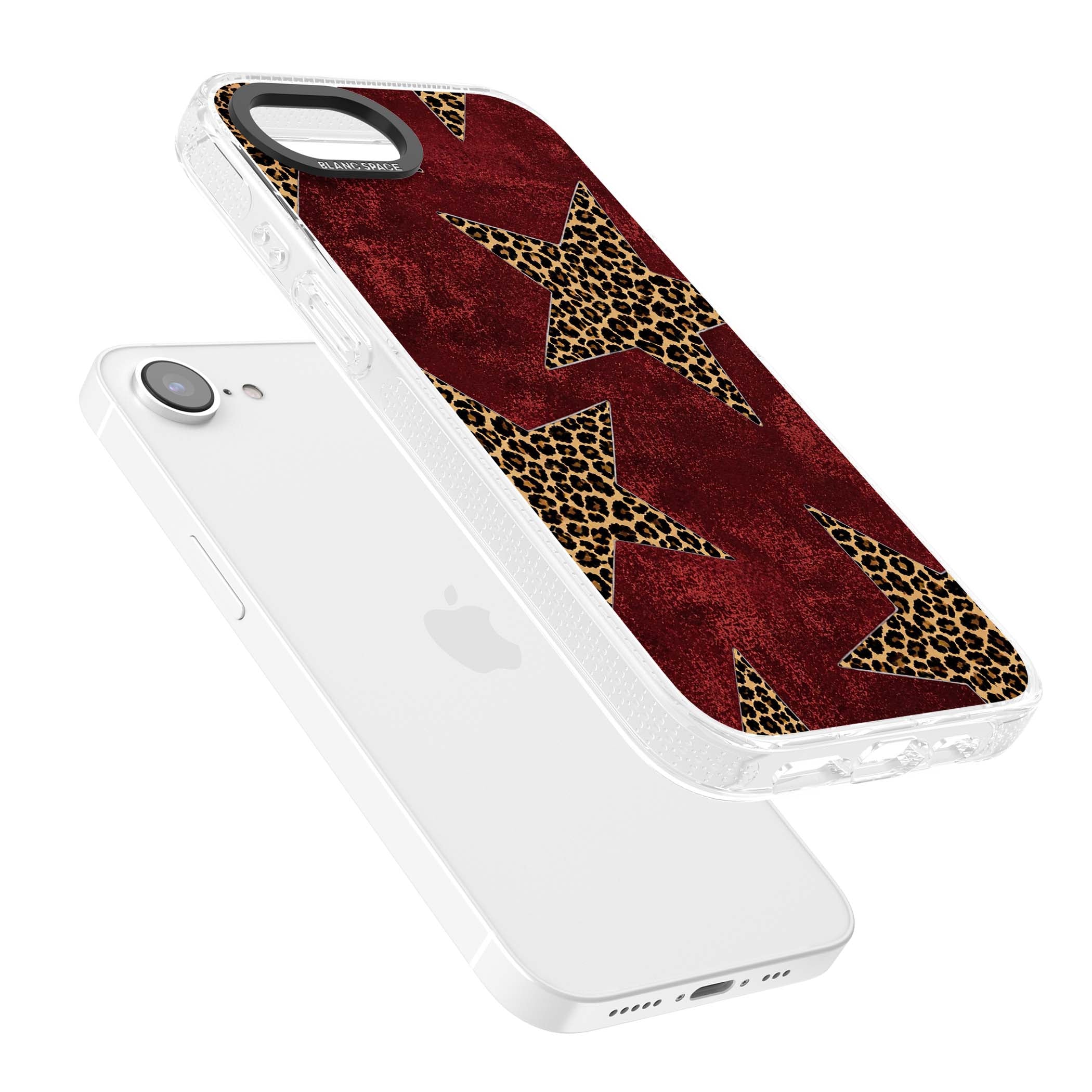 Showgirl leopard print iPhone case featuring cheetah print stars on distressed red grunge background | Clear Case Impact Air case for iPhone 16e, iPhone 17e