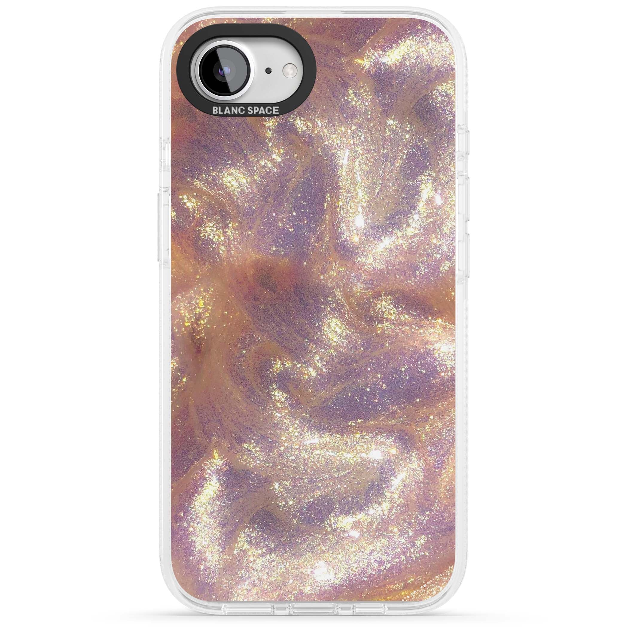 Shimmer marble iPhone case featuring rose gold glitter swirls, lilac shimmer and iridescent pearl finish | Clear Case Impact Air case for iPhone 16e, iPhone 17e