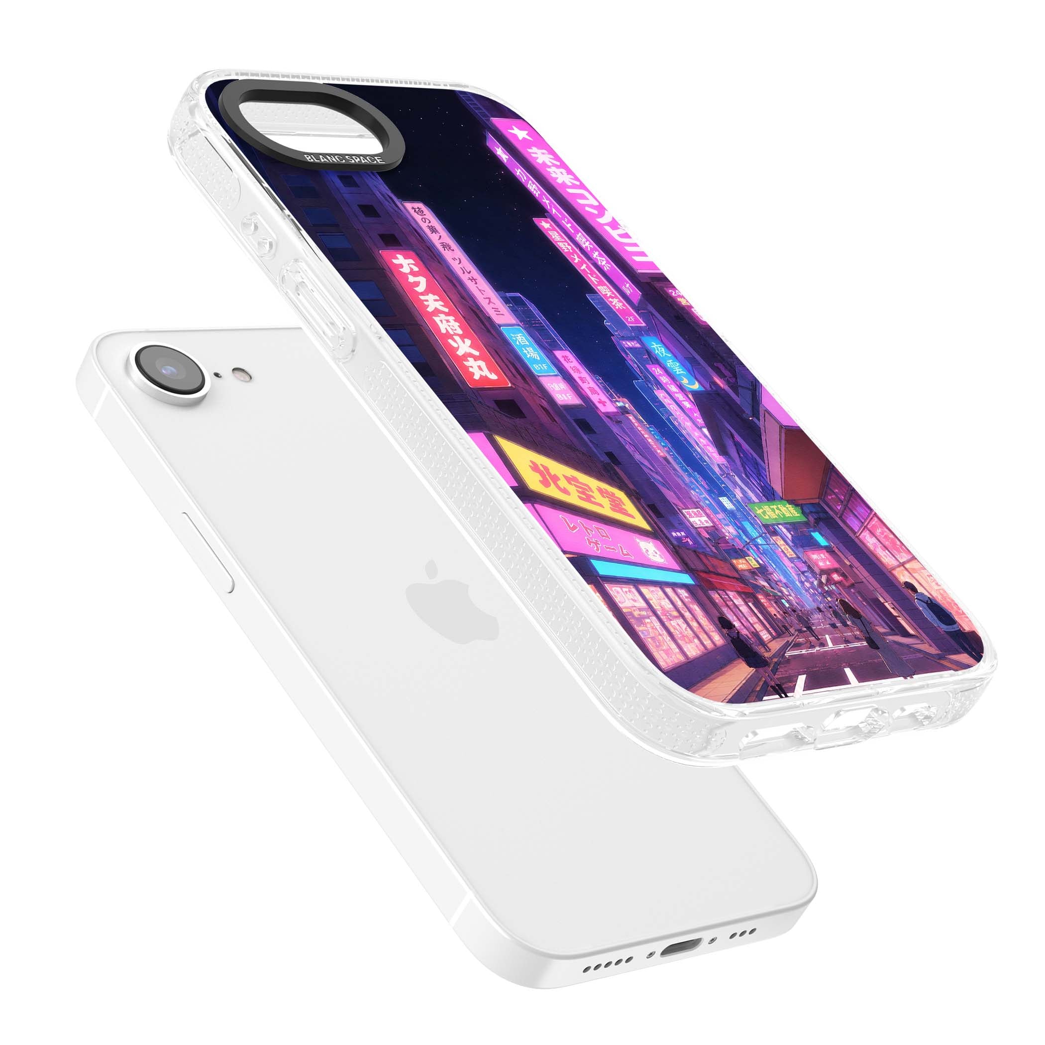 Shibuya At Night Japanese neon city iPhone case featuring glowing kanji signs, pink storefronts and a Tokyo street at n | Clear Case Impact Air case for iPhone 16e, iPhone 17e