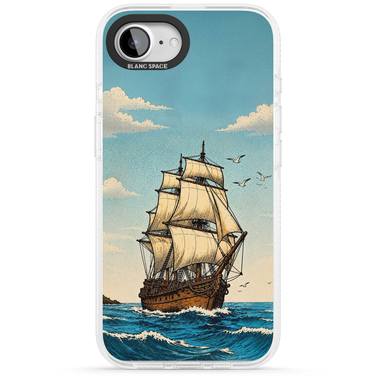 Ship at Sea nautical iPhone case featuring a vintage tall ship, ocean waves and seagulls | Clear Case Impact Air case for iPhone 16e, iPhone 17e