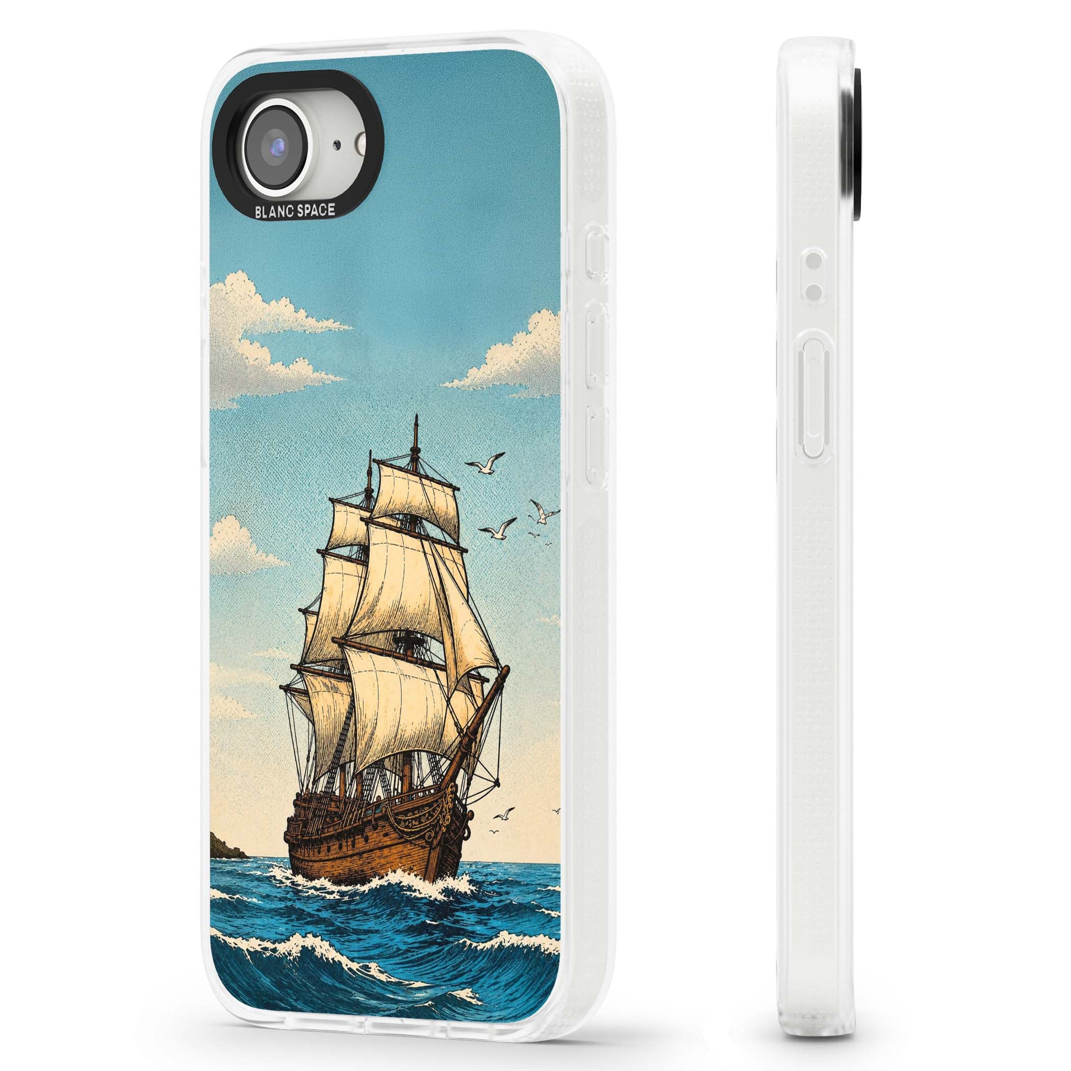Ship at Sea nautical iPhone case featuring a vintage tall ship, ocean waves and seagulls | Clear Case Impact Air case for iPhone 16e, iPhone 17e