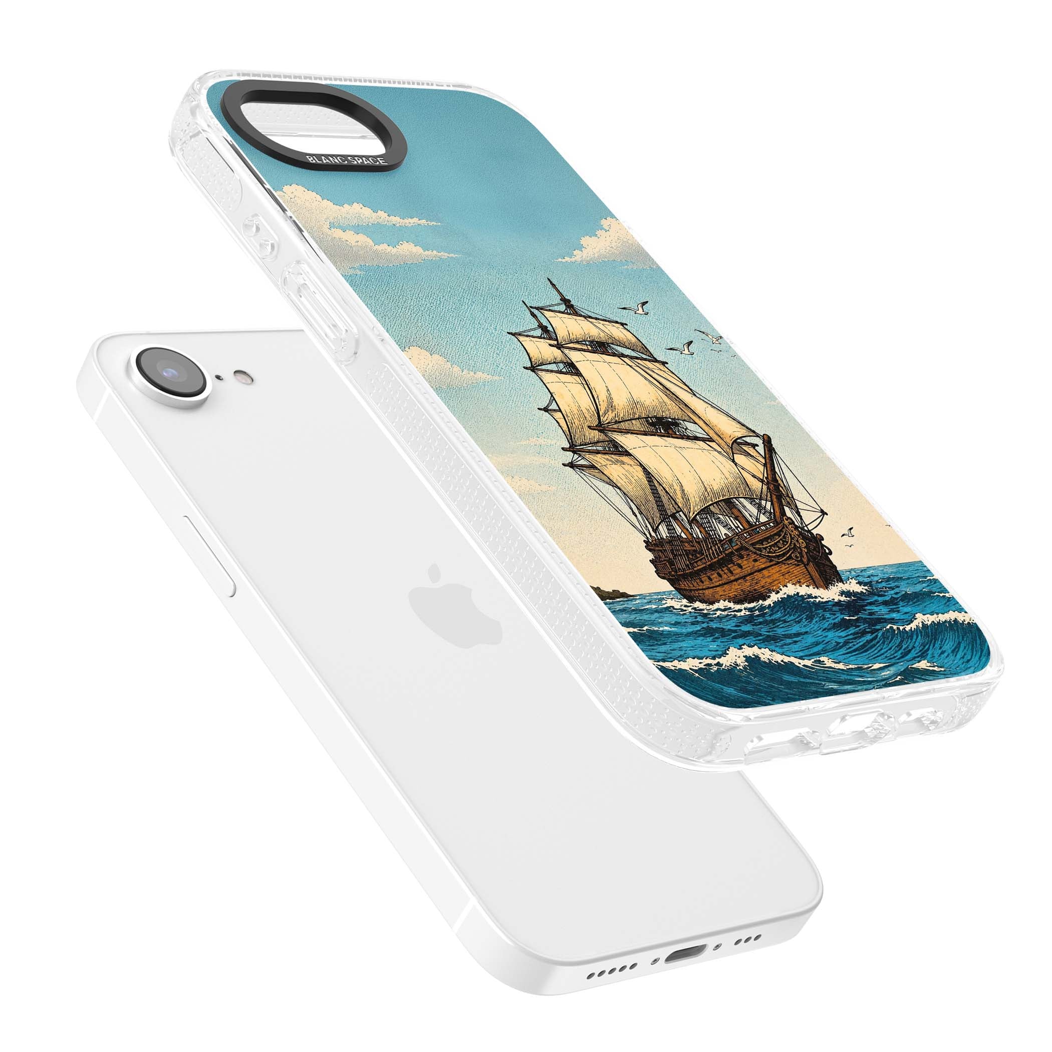 Ship at Sea nautical iPhone case featuring a vintage tall ship, ocean waves and seagulls | Clear Case Impact Air case for iPhone 16e, iPhone 17e