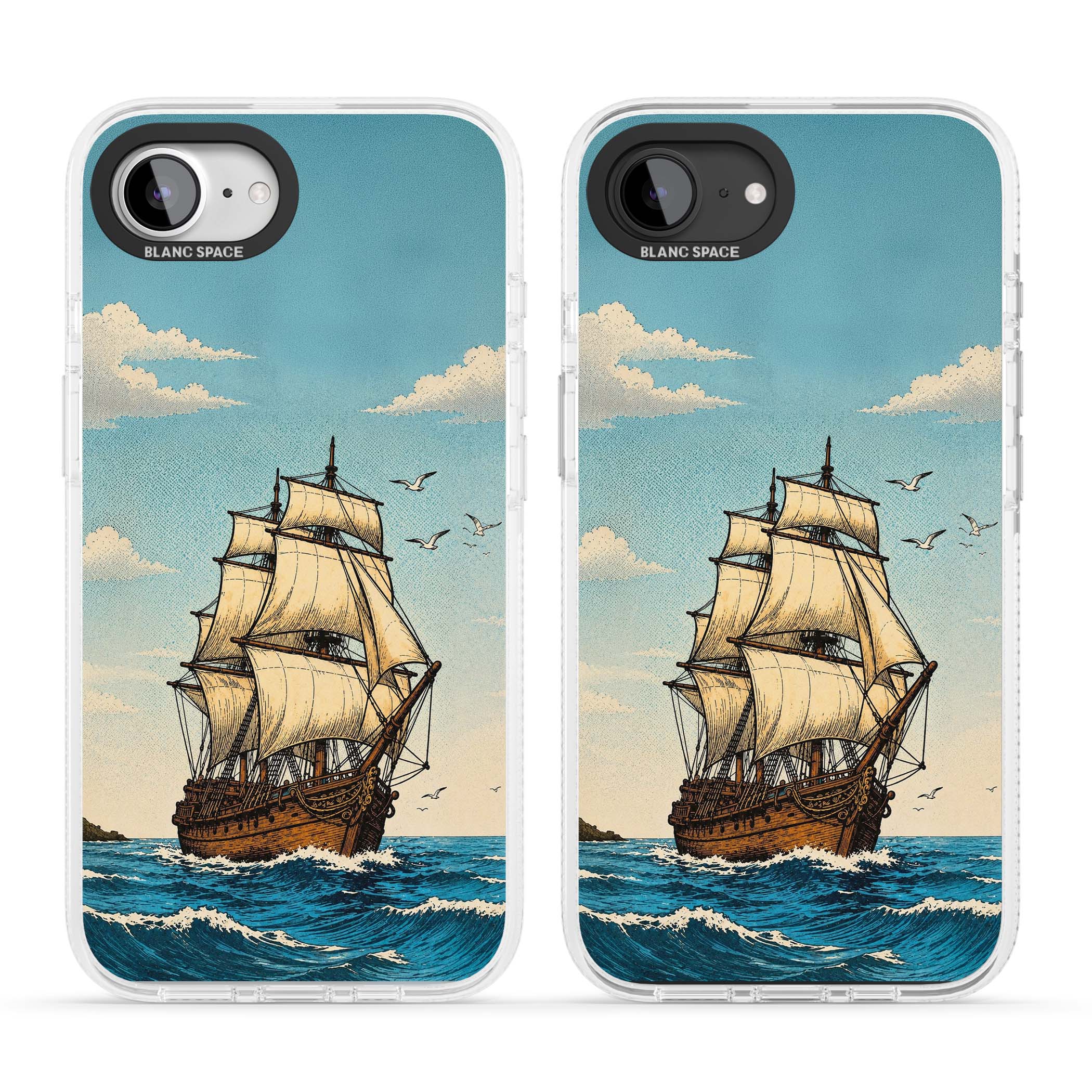 Ship at Sea nautical iPhone case featuring a vintage tall ship, ocean waves and seagulls | Clear Case Impact Air case for iPhone 16e, iPhone 17e