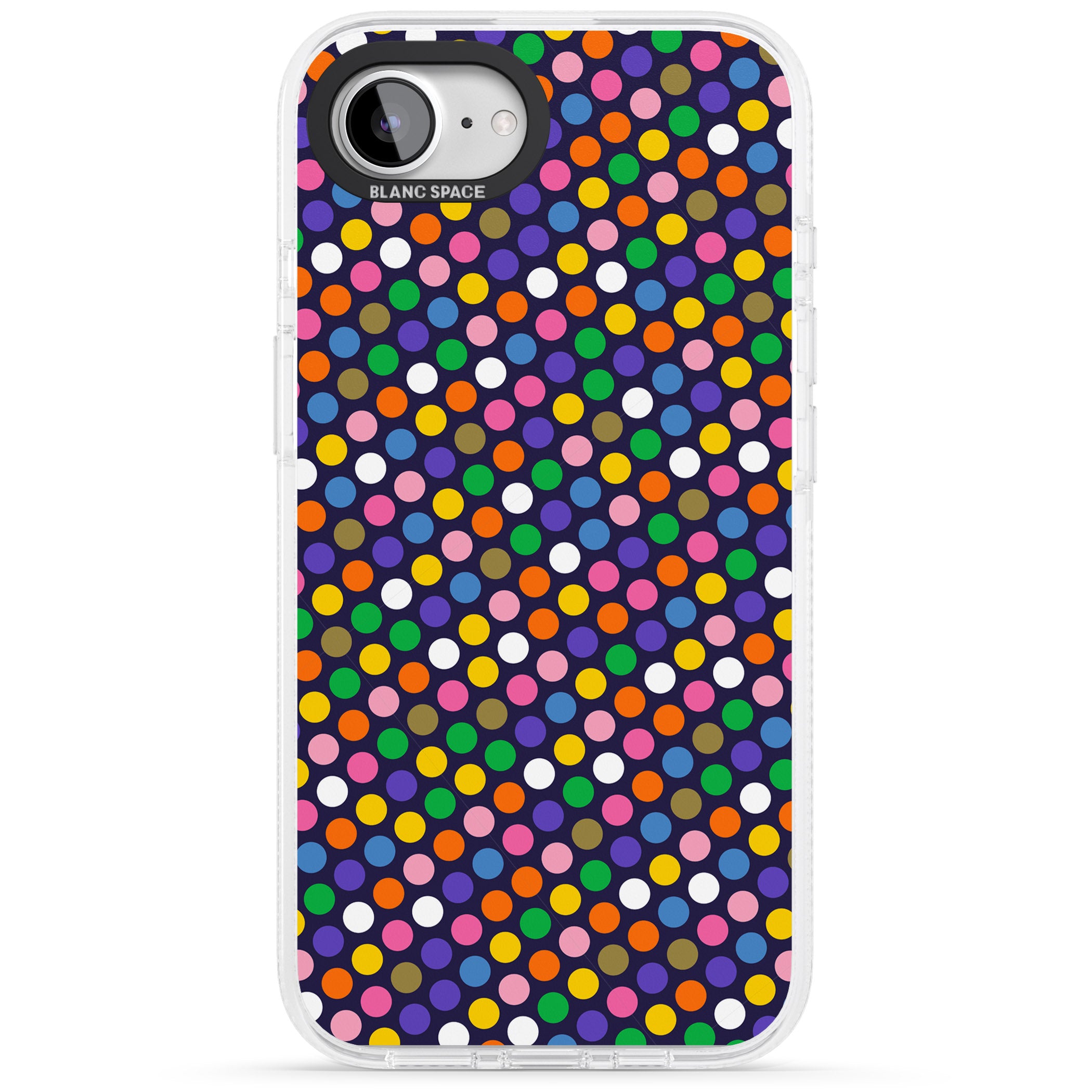 Multicolour Polka-dot Fiesta (Purple) iPhone 16e Clear Case Impact Air - Blanc Space