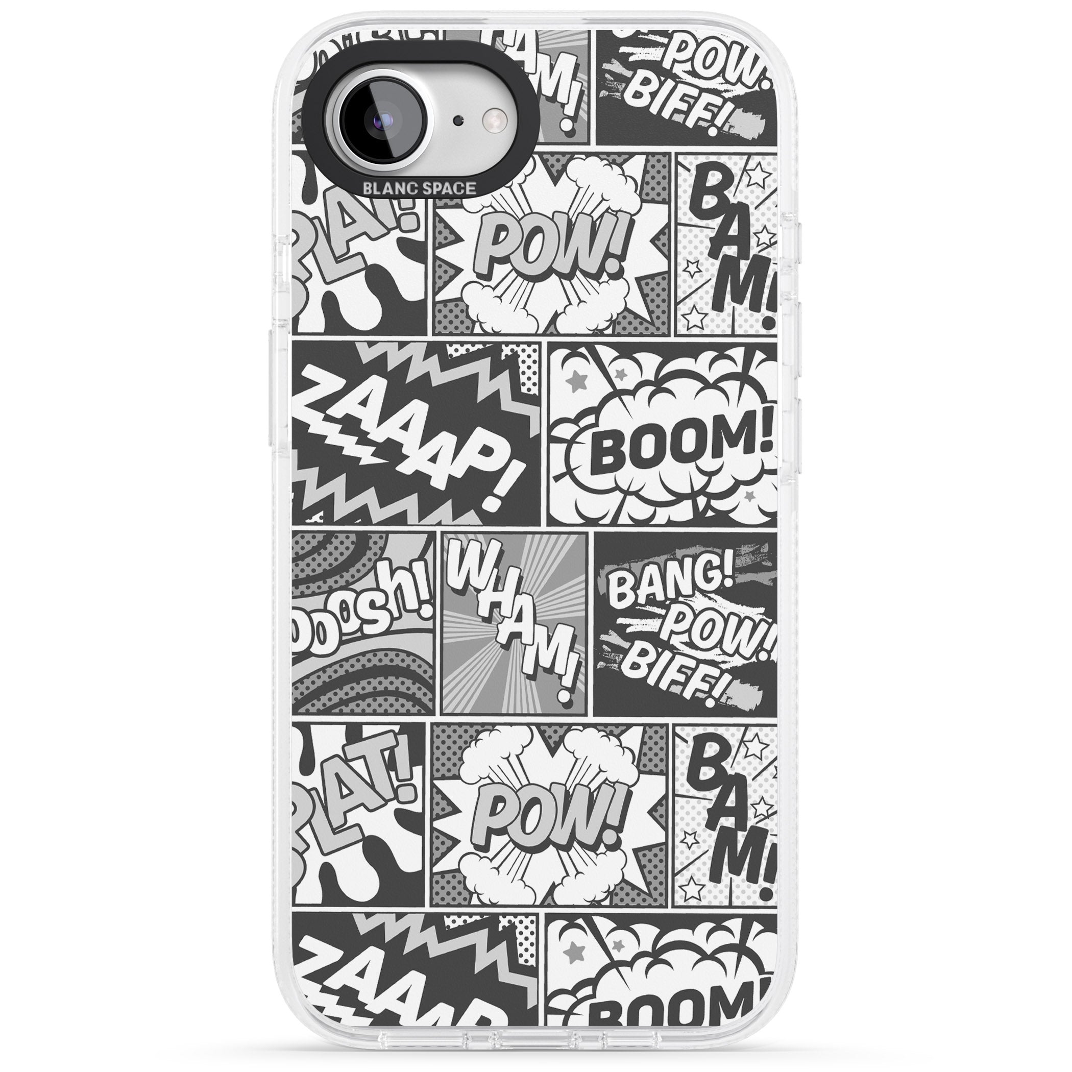 Onomatopoeia (Black & White) iPhone 16e Clear Case Impact Air - Blanc Space