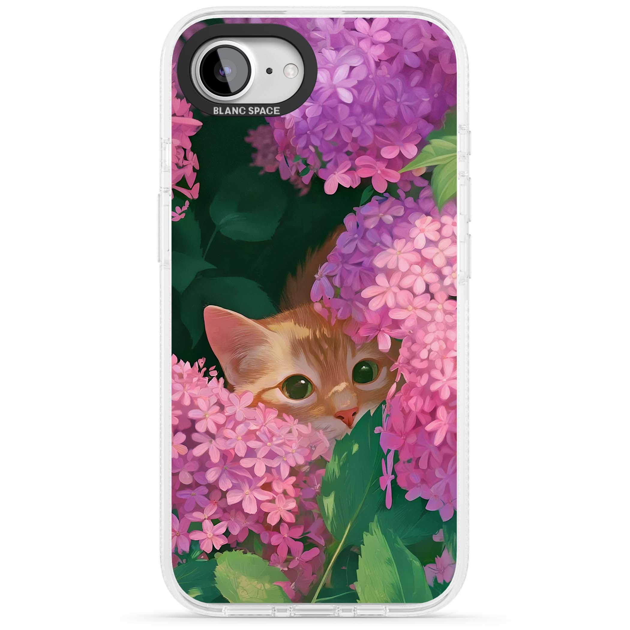 Cat In Pink Flowers cottagecore iPhone case featuring a ginger kitten peeking through lilac and pink hydrangea flo | Clear Case Impact Air case for iPhone 16e, iPhone 17e